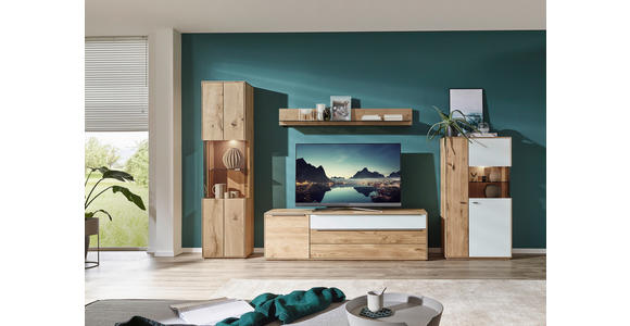 LOWBOARD Weiß, Eichefarben  182/54/50 cm  - Eichefarben/Silberfarben, Design, Glas/Holz (182/54/50cm) - Waldwelt