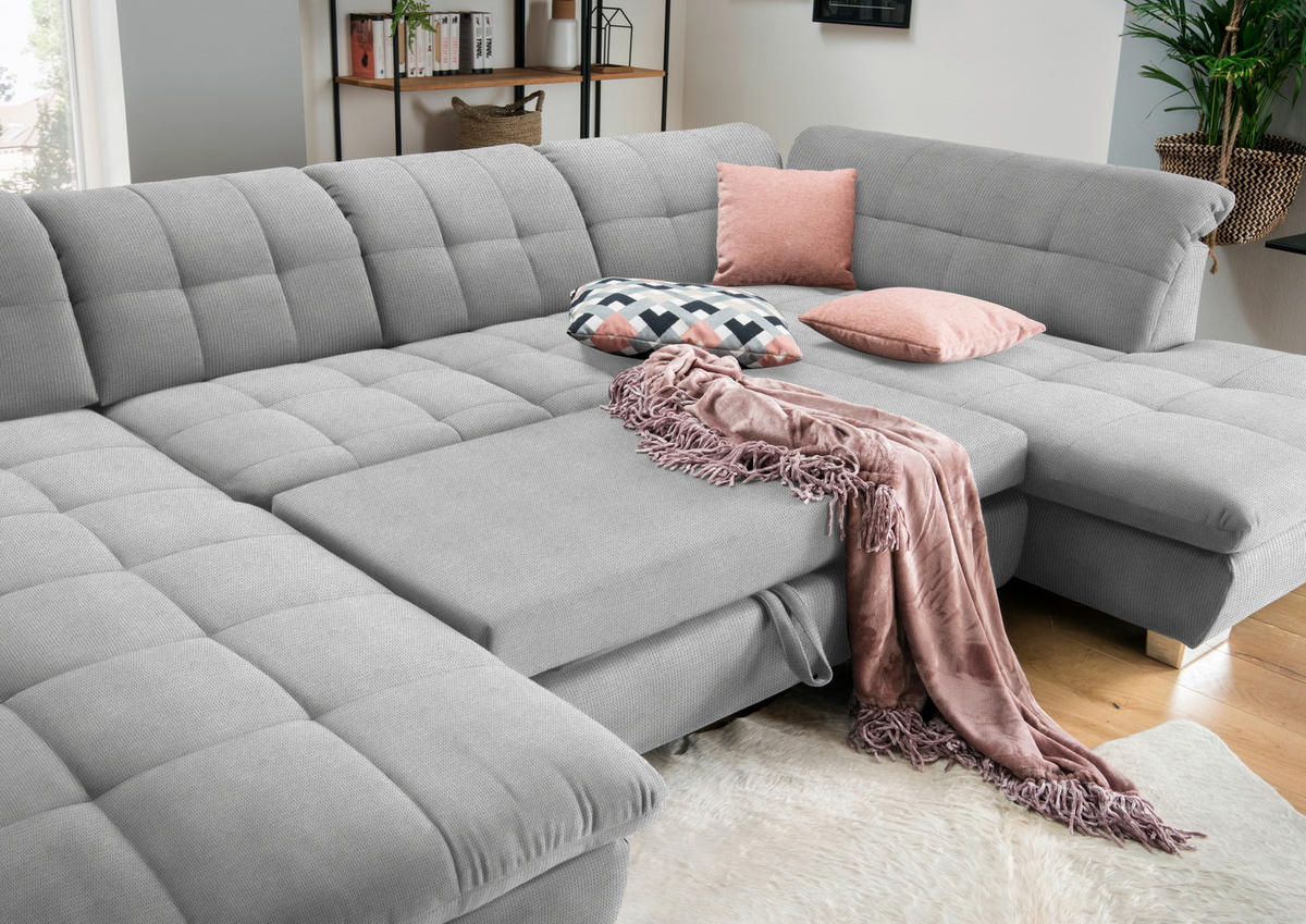 WOHNLANDSCHAFT in Mikrofaser Hellgrau  - Chromfarben/Hellgrau, Design, Kunststoff/Textil (204/350/211cm) - Xora