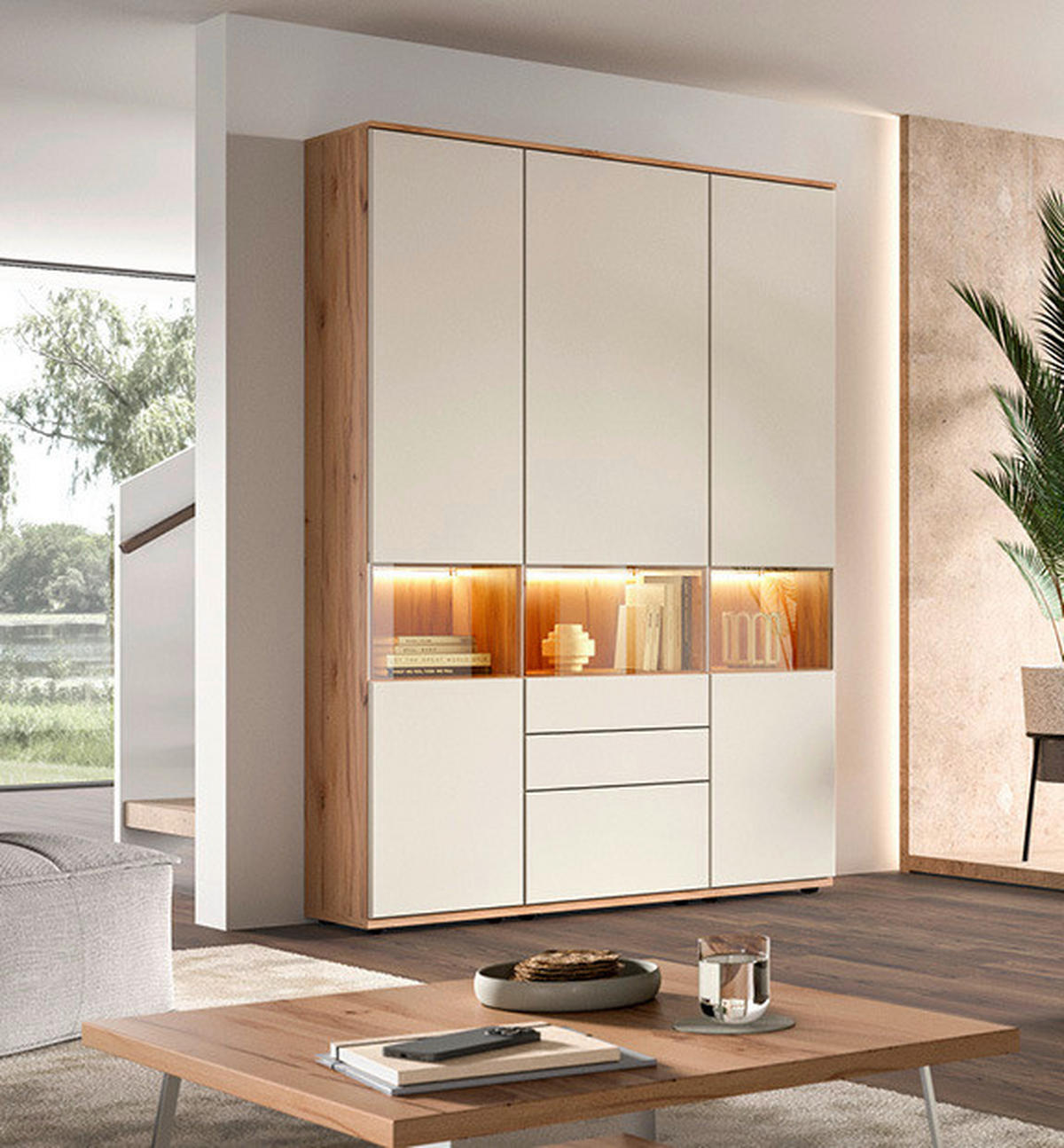 VITRINENKOMBINATION  in Buchefarben, Beige - Beige/Buchefarben, KONVENTIONELL, Glas/Holzwerkstoff (150/215/40cm) - Venda