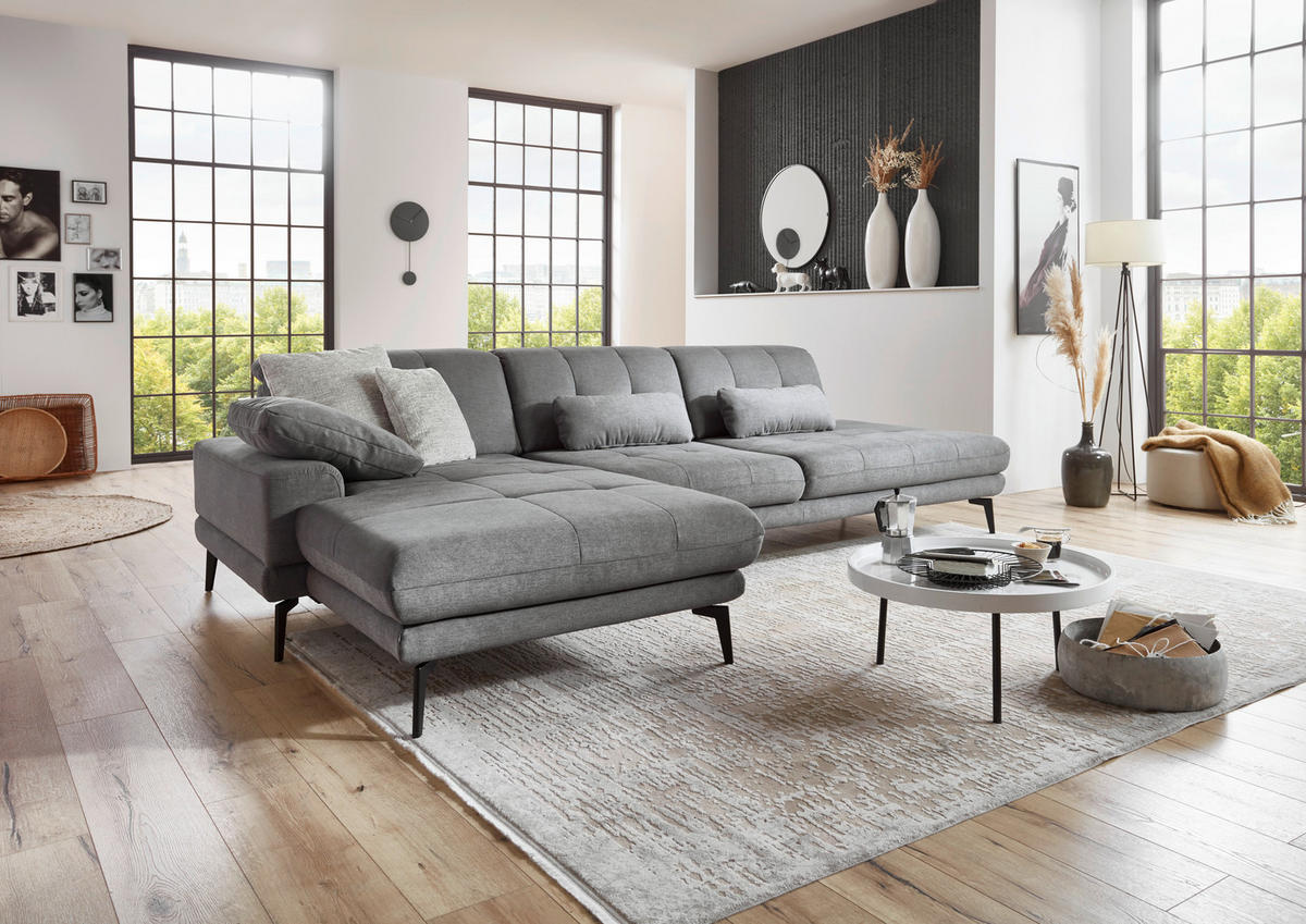 ECKSOFA in Flachgewebe Grau  - Schwarz/Grau, Design, Textil/Metall (190/309cm) - Beldomo Style