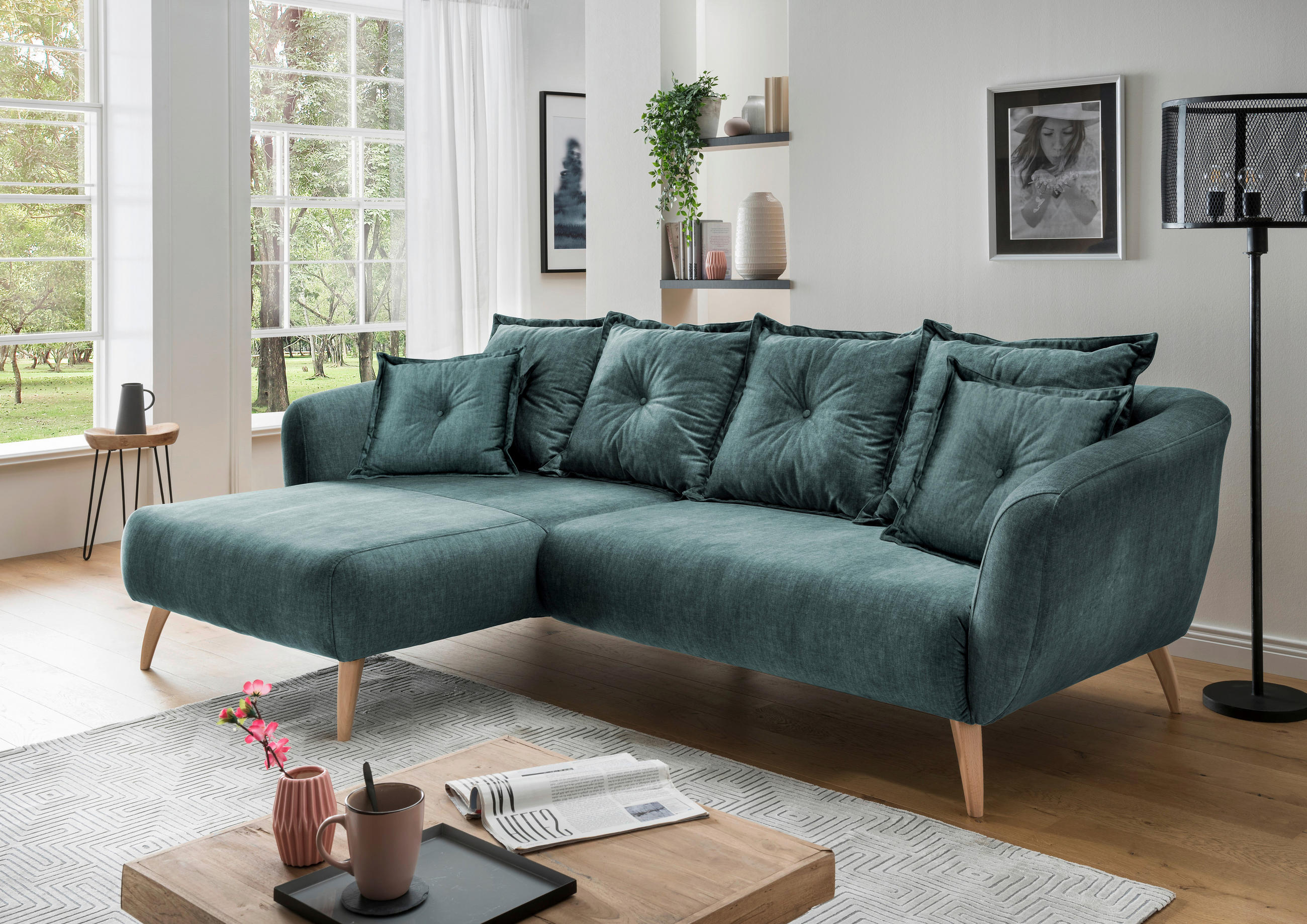 ECKSOFA in Velours Blau  - Blau/Buchefarben, Modern, Holz/Textil (162/277cm) - Livetastic