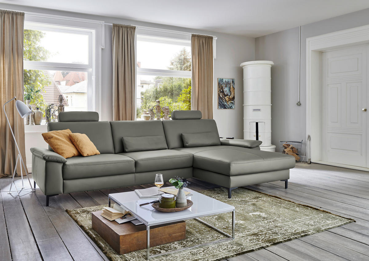 ECKSOFA in Echtleder Grau  - Schwarz/Grau, Design, Leder/Metall (334/176cm) - Dieter Knoll
