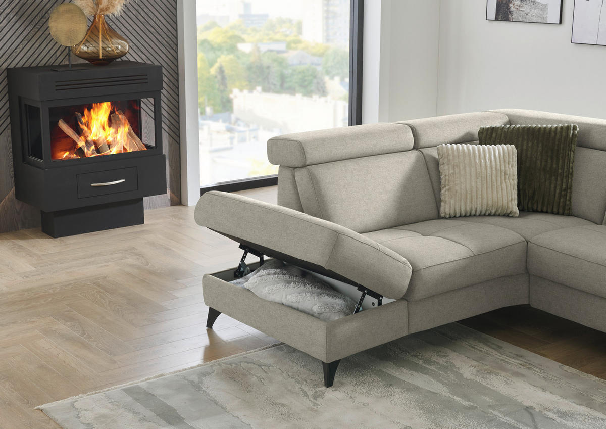 ECKSOFA Flachgewebe Ecru  - Ecru/Schwarz, Konventionell, Textil/Metall (214/276cm) - Beldomo System