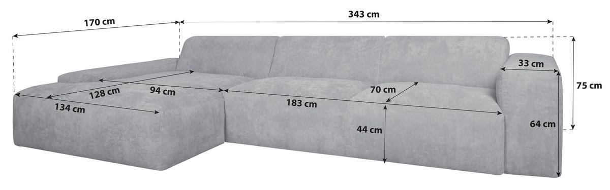 ECKSOFA HANNAH Creme Cord  - Creme/Schwarz, Design, Kunststoff/Textil (170/343cm) - MID.YOU