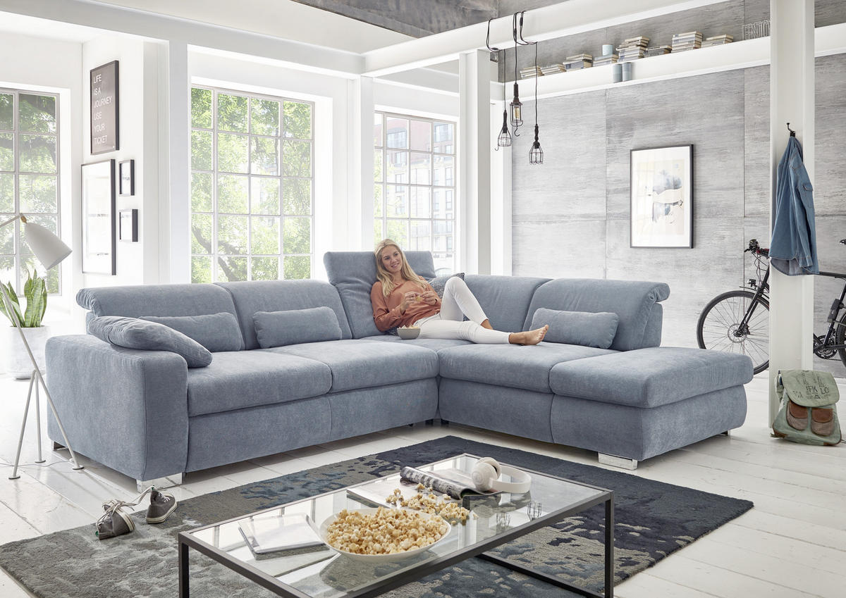 ECKSOFA in Flachgewebe Hellblau  - Chromfarben/Hellblau, Design, Textil/Metall (301/260cm) - Beldomo Style