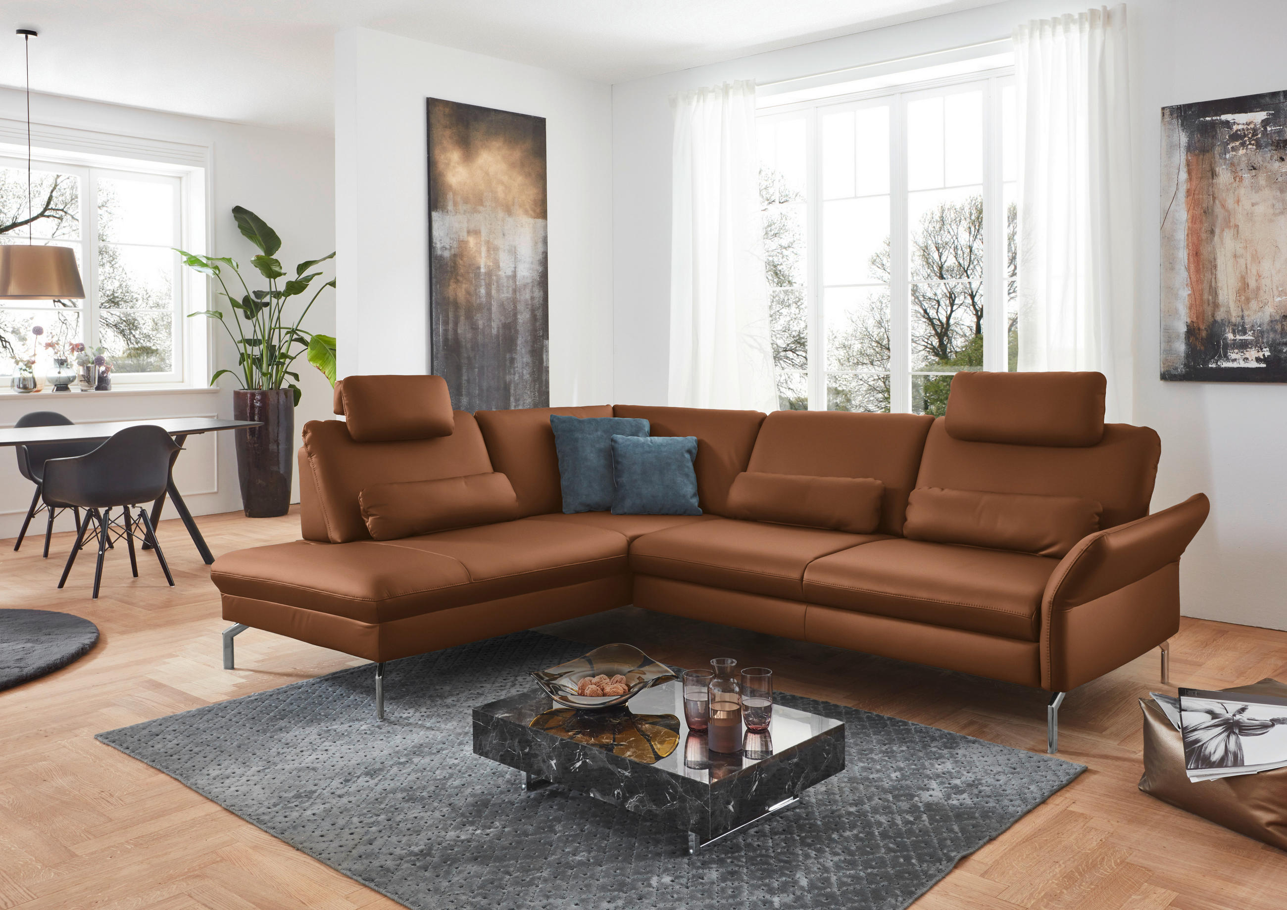ECKSOFA in Echtleder Hellbraun  - Hellbraun/Alufarben, Konventionell, Leder/Metall (220/284cm) - Beldomo Premium