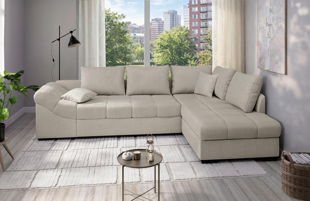 ECKSCHLAFSOFA in Beige Textil   - Beige/Schwarz, Modern, Holz/Textil (298/202cm) - MID.YOU