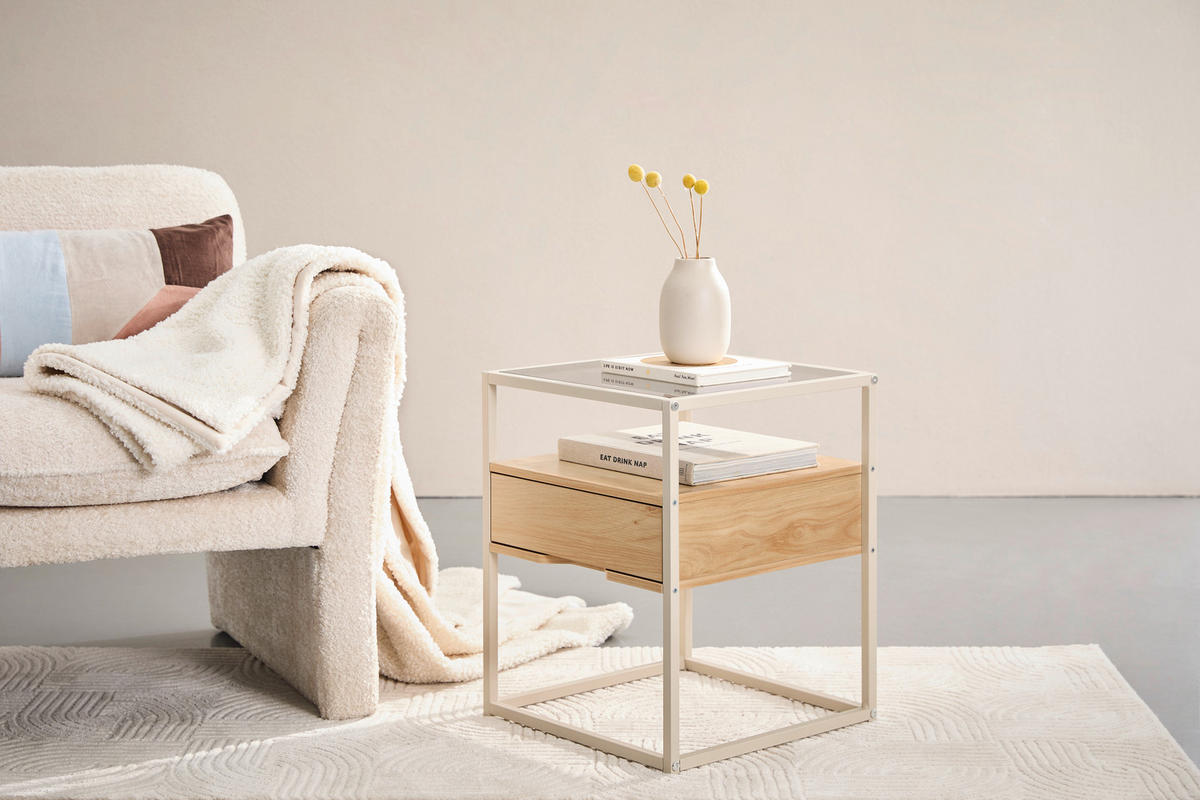 BEISTELLTISCH in Metall, Glas, Holzwerkstoff 40/40/50 cm  - Kaschmir/Eichefarben, Basics, Glas/Holzwerkstoff (40/40/50cm) - Xora