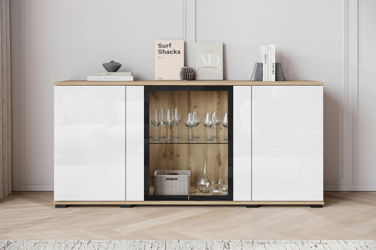 SIDEBOARD 150/69,7/39,5 cm  in Eiche Wotan, Weiss Hochglanz  - Weiss Hochglanz/Eiche Wotan, Design, Glas/Holzwerkstoff (150/69,7/39,5cm) - Livetastic