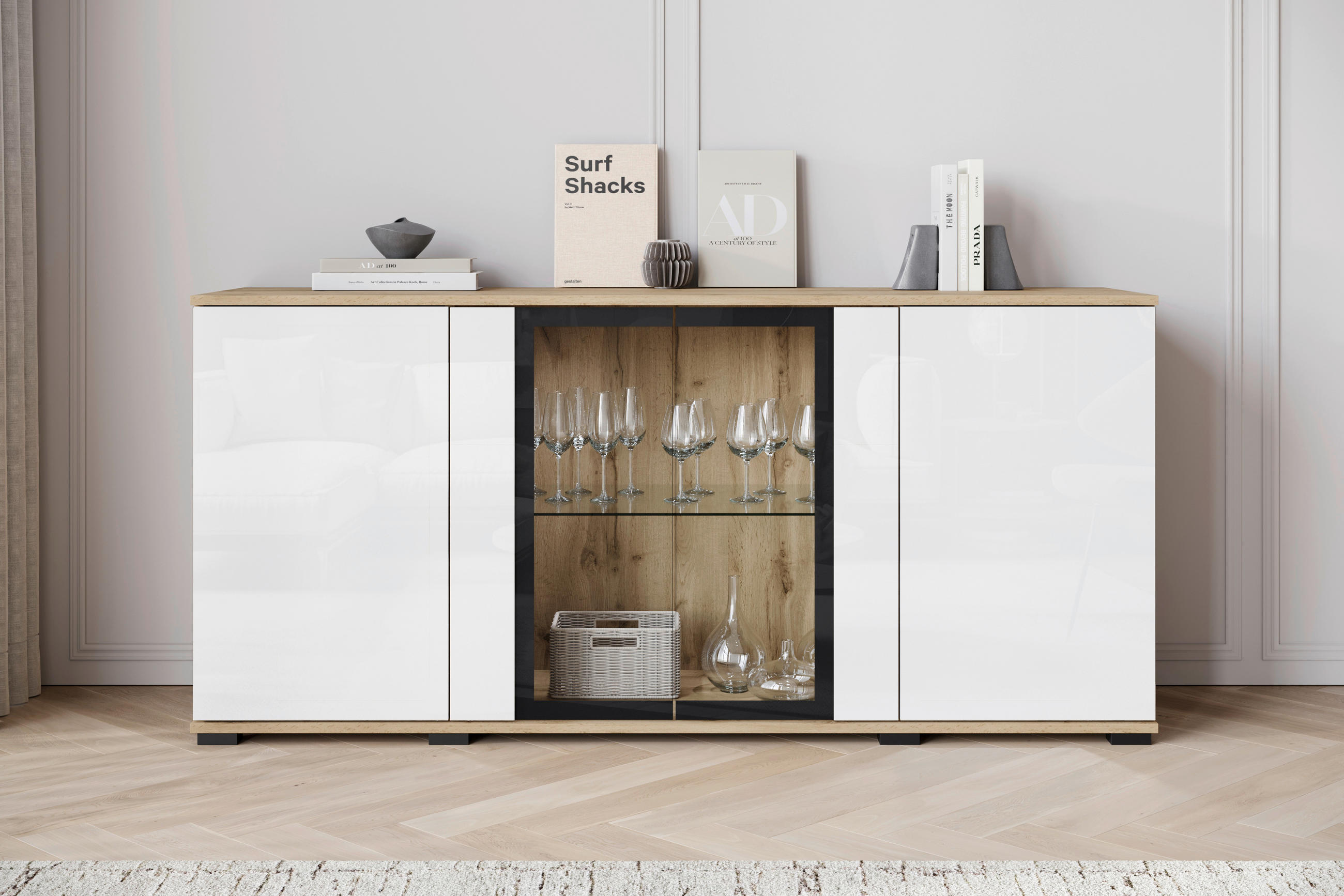 Thumbnail - P & B Sideboard Caro, Eiche Wotan, Weiß Hochglanz, Glas, Holzwerkstoff, 3 Fächer, 150x69.7x39.5 cm, Fsc, stehend, Wohnzi...