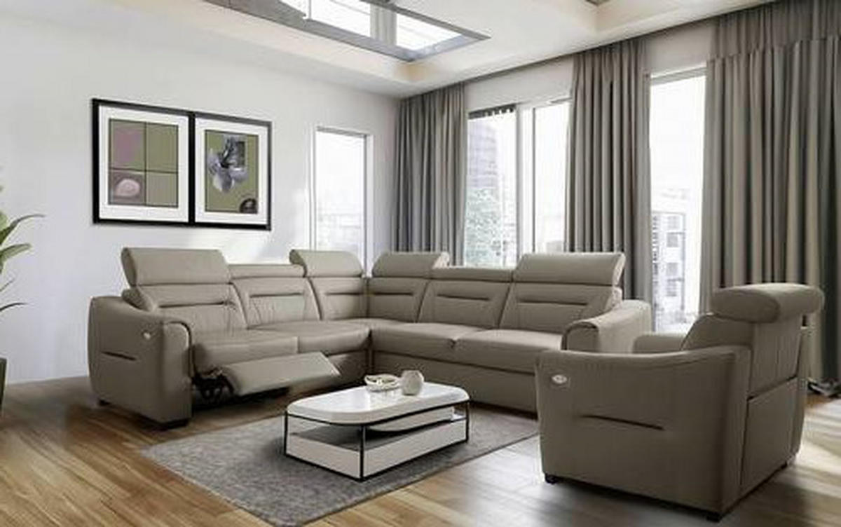 ECKSOFA Schlammfarben Echtleder Lederlook Schlaffunktion, Rücken echt, Relaxfunktion, Kopfteilverstellung  - Wengefarben/Schlammfarben, Design, Leder/Holz (260/260cm) - Celina Home