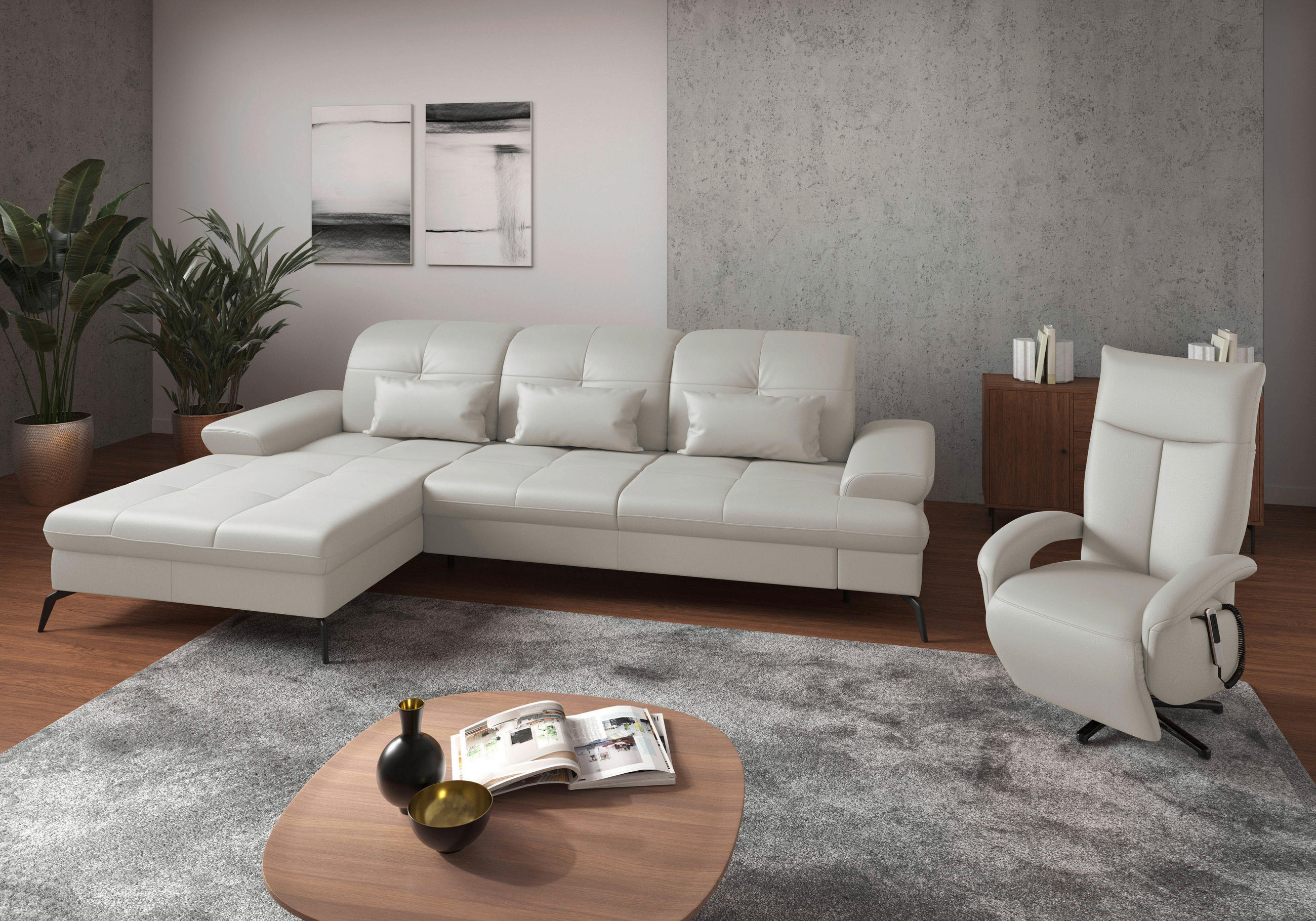 Thumbnail - Sit & More Ecksofa, Weiß, Textil, Leder, Kombination Echtleder/Stoff, Nappaleder, 4,5-Sitzer, Ottomane links, L-Form, 27...