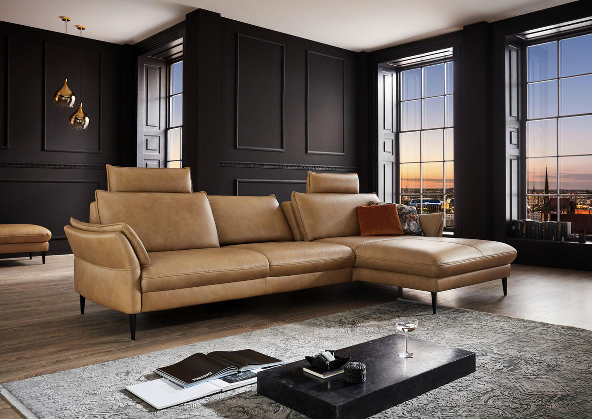 ECKSOFA Dunkelgelb Echtleder  - Dunkelgelb/Schwarz, Design, Leder/Metall (172/334cm) - Hukla