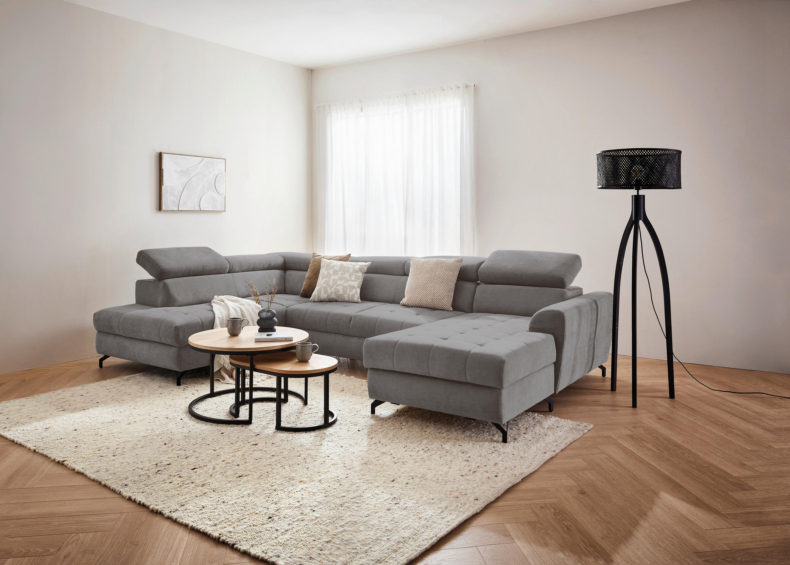 WOHNLANDSCHAFT Grau Struktur  - Schwarz/Grau, Design, Textil/Metall (203/327/177cm) - Stylife