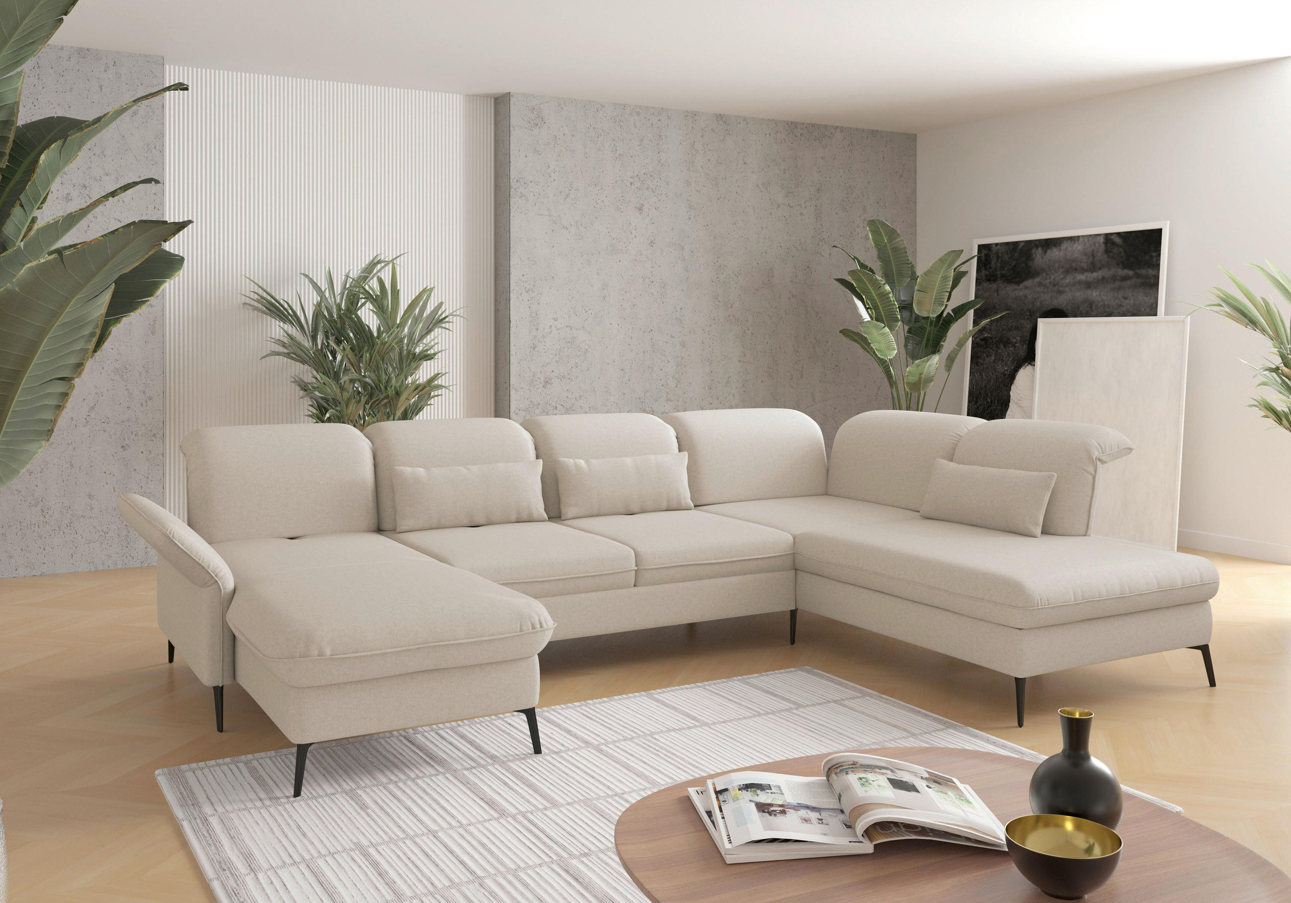 WOHNLANDSCHAFT Creme Flachgewebe  - Creme/Schwarz, KONVENTIONELL, Textil/Metall (198/359/231cm) - Sit & More