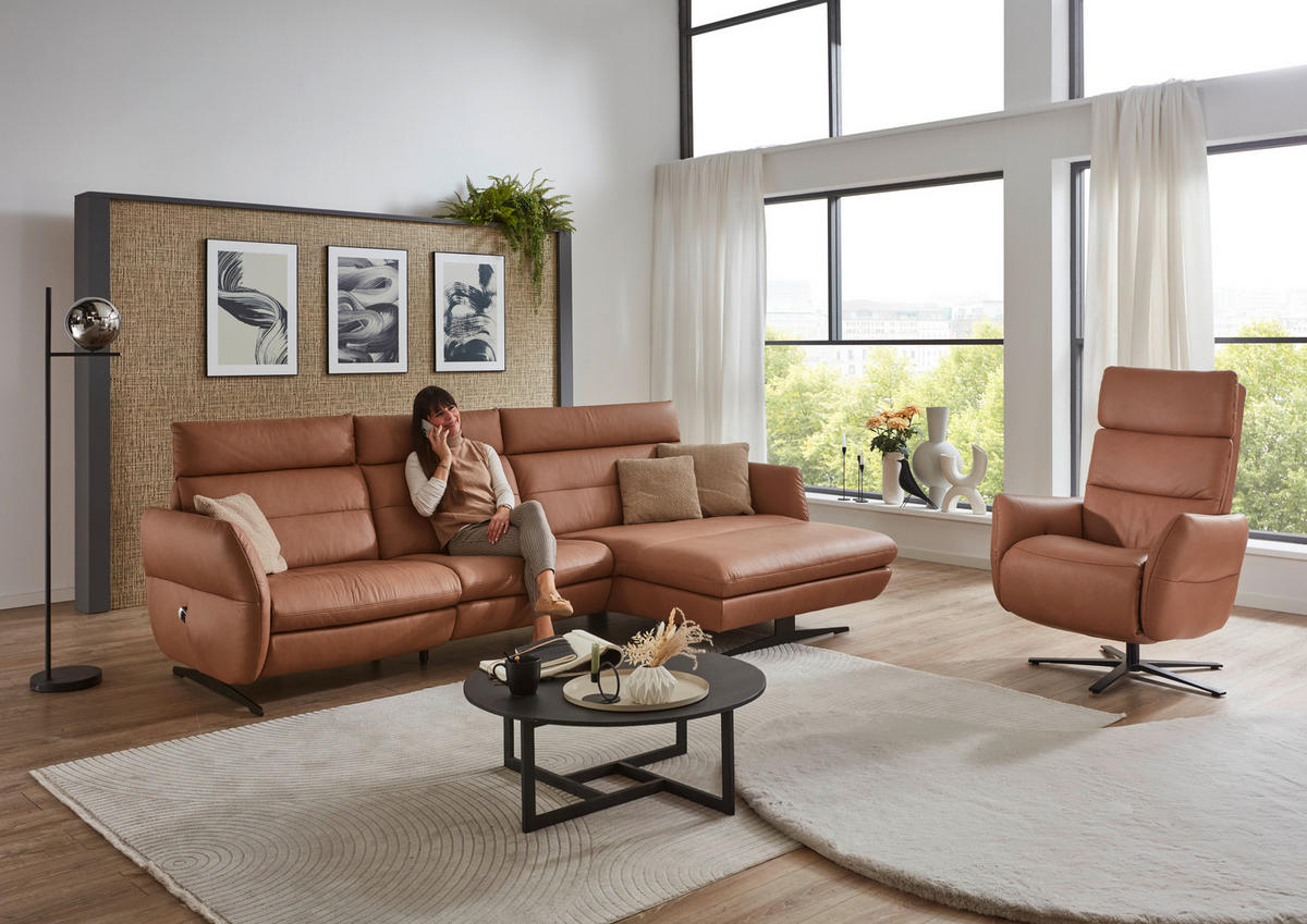 ECKSOFA in Echtleder Haselnussfarben  300/157 cm  - Schwarz/Haselnussfarben, Design, Leder/Metall (300/157cm) - Dieter Knoll
