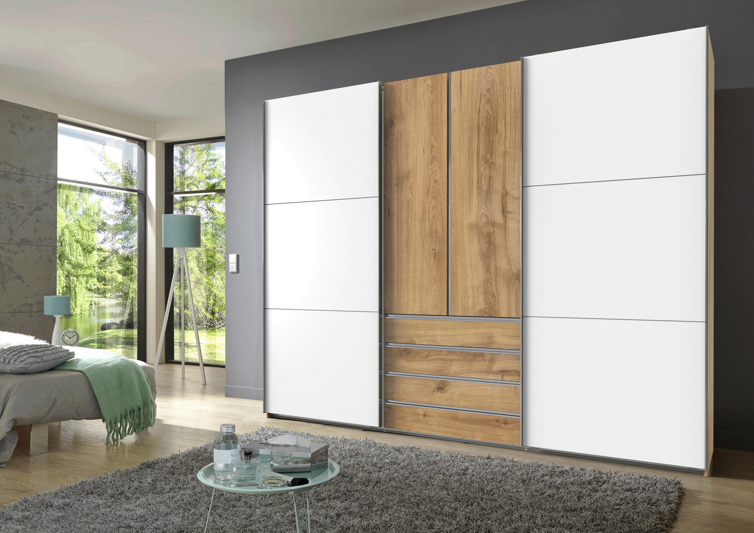 SCHWEBETÜRENSCHRANK  in Weiß, Eichefarben  - Chromfarben/Eichefarben, MODERN, Holzwerkstoff/Metall (300/236/65cm) - MID.YOU