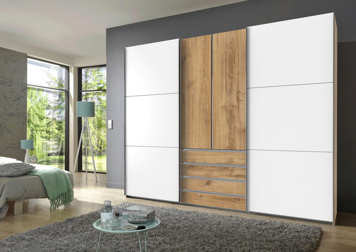 SCHWEBETÜRENSCHRANK in Weiss, Eichefarben  - Chromfarben/Weiss, Modern, Holzwerkstoff/Metall (300/236/65cm) - MID.YOU