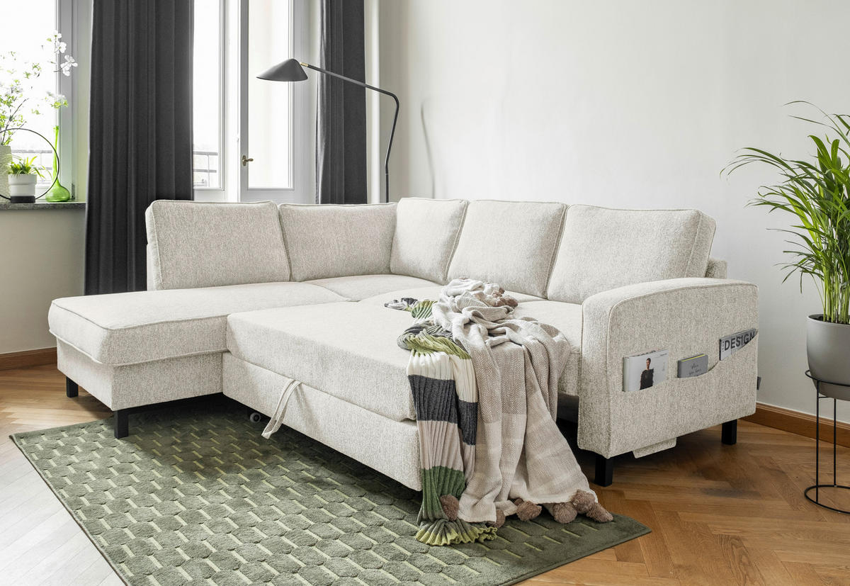 ROHOVÁ SEDAČKA, textil, béžová - černá/béžová, dřevo/textil (198/233cm)