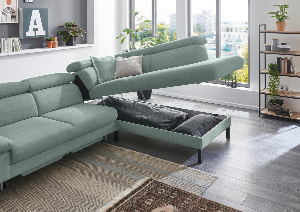 ECKSOFA in Flachgewebe Mintgrün  - Schwarz/Mintgrün, Design, Holzwerkstoff/Textil (272/217cm) - Pure Home Comfort