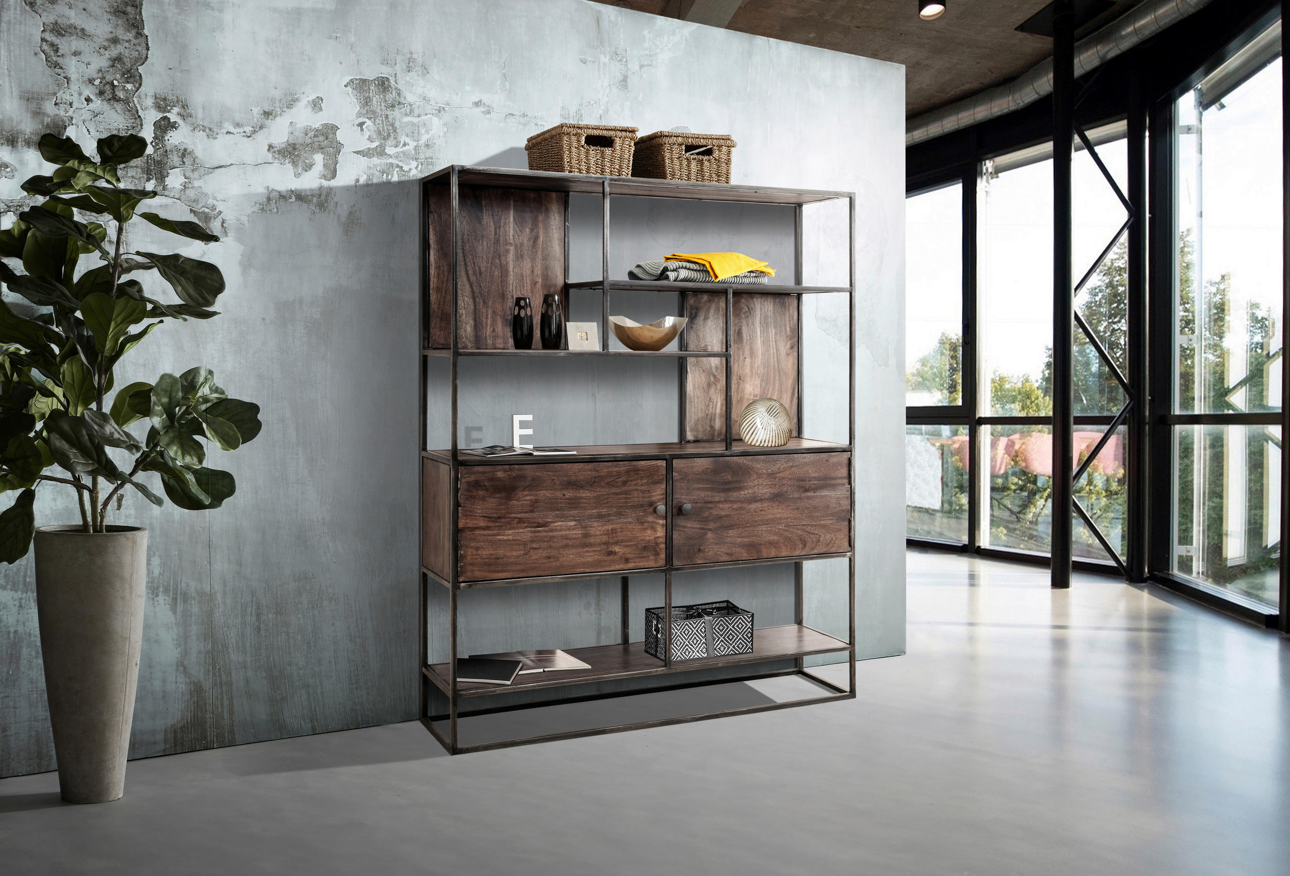 REGAL Akazie massiv Grau  - Naturfarben/Grau, KONVENTIONELL, Holz/Metall (118/145/30cm) - Livetastic