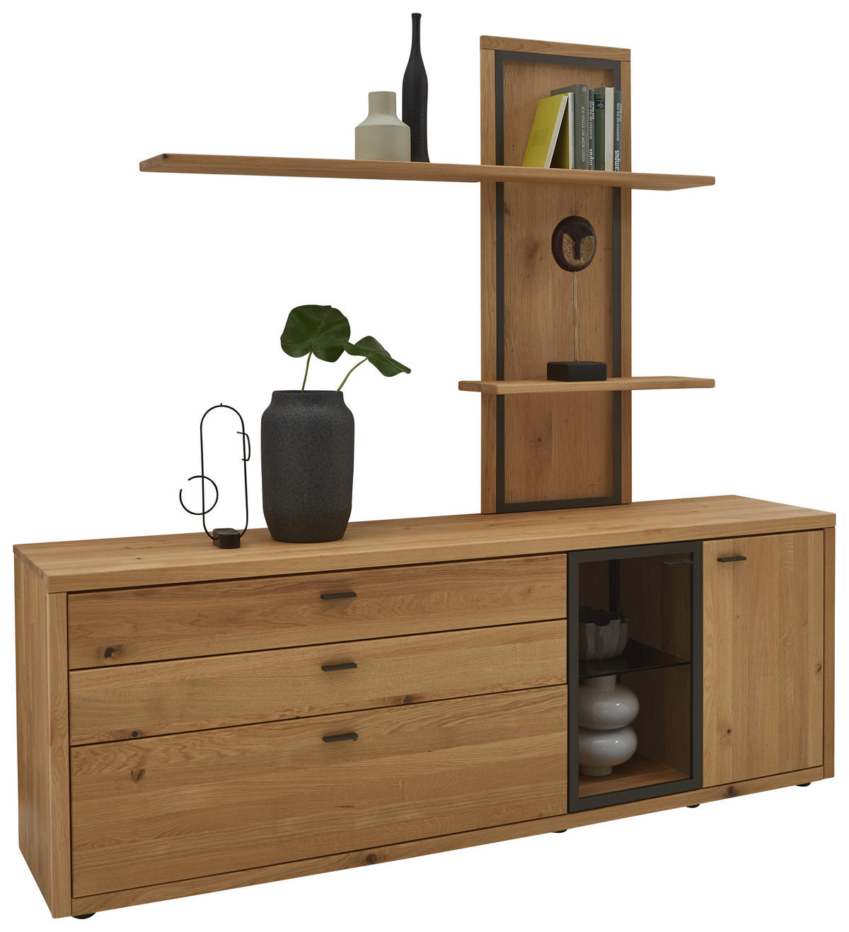 WOHNWAND  in Eichefarben 208/202/45 cm  - Dunkelgrau/Eichefarben, Design, Glas/Holz (208/202/45cm) - Valnatura