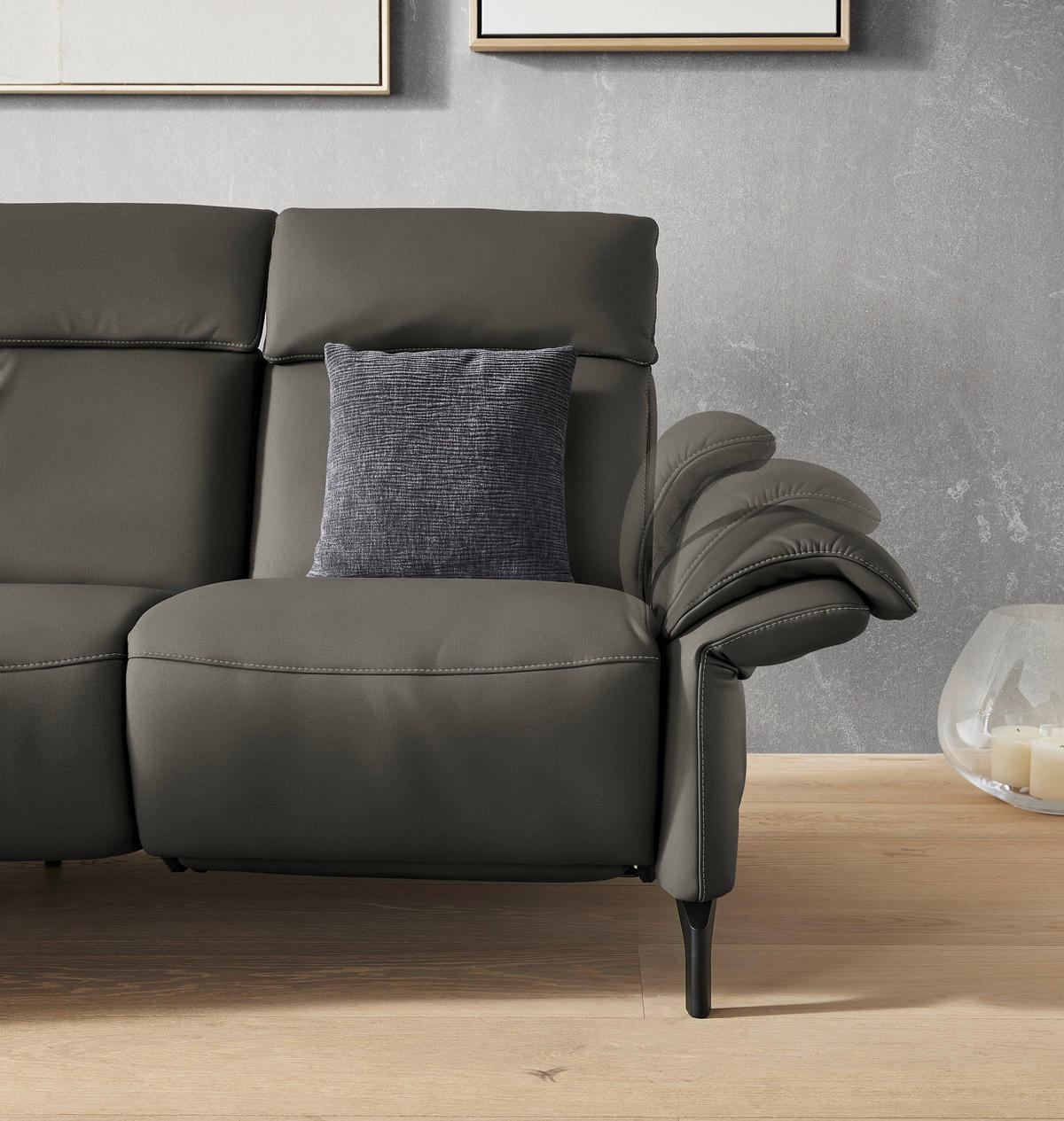 TRAPEZSOFA in Echtleder Dunkelgrau  - Dunkelgrau/Schwarz, KONVENTIONELL, Leder/Metall (221/103/95cm) - Dieter Knoll