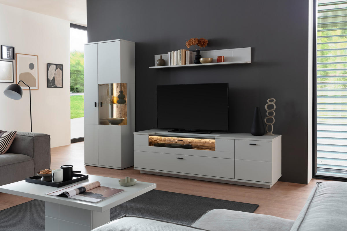WOHNWAND  in Weiß, Eichefarben  280/199/50 cm  - Eichefarben/Anthrazit, Design, Glas/Holzwerkstoff (280/199/50cm) - Stylife