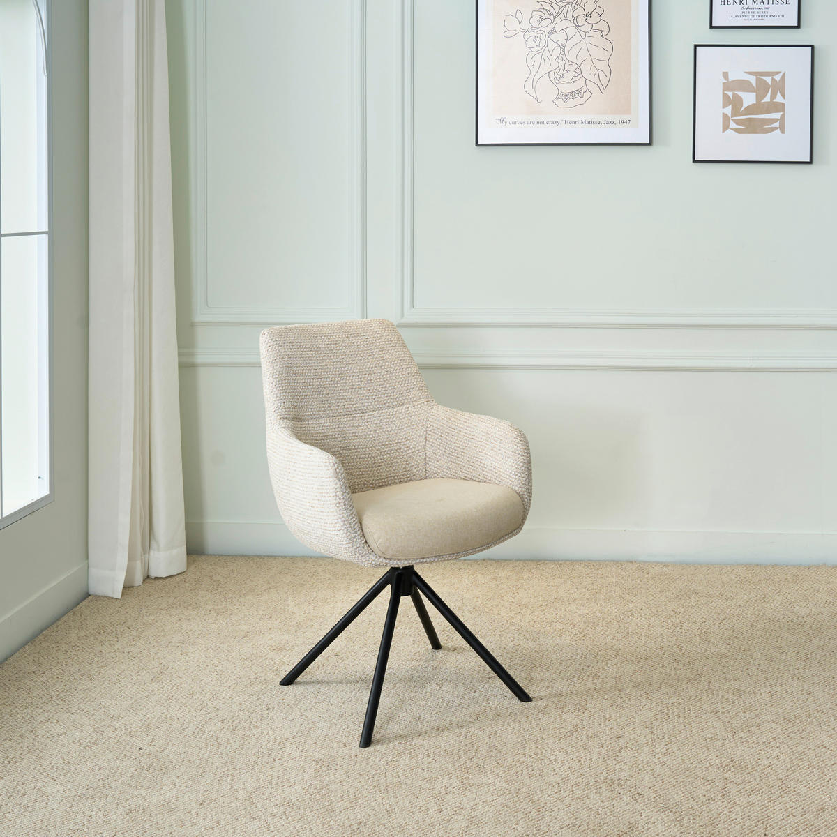 ARMLEHNSTUHL  Stoffauswahl, Sitzfläche 360° drehbar Webstoff  - Beige/Schwarz, Design, Textil/Metall (59/91/69cm) - Novel