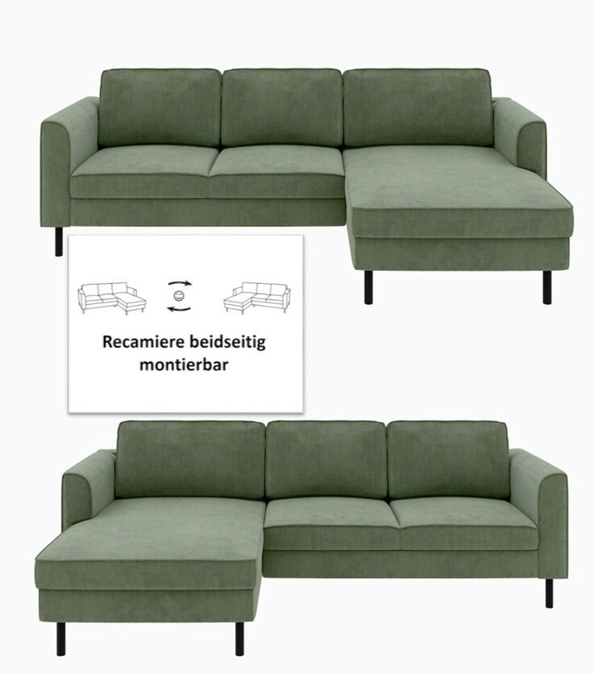 ECKSOFA  in Cord Grün  232/161 cm  - Schwarz/Grün, MODERN, Textil/Metall (232/161cm) - Trendmanufaktur