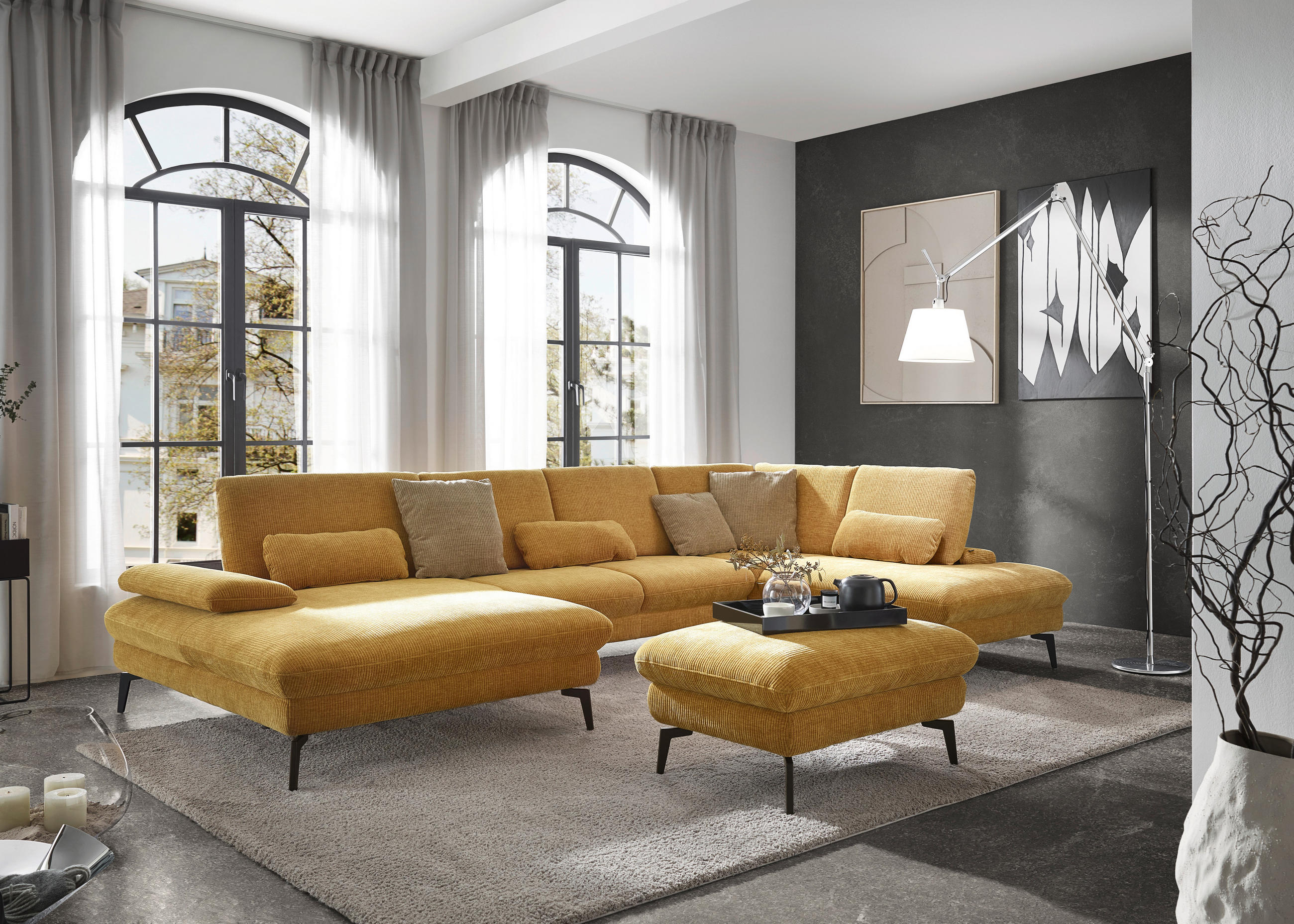 WOHNLANDSCHAFT Currygelb Webstoff  - Currygelb/Schwarz, Design, Textil/Metall (157/354/208cm) - Dieter Knoll