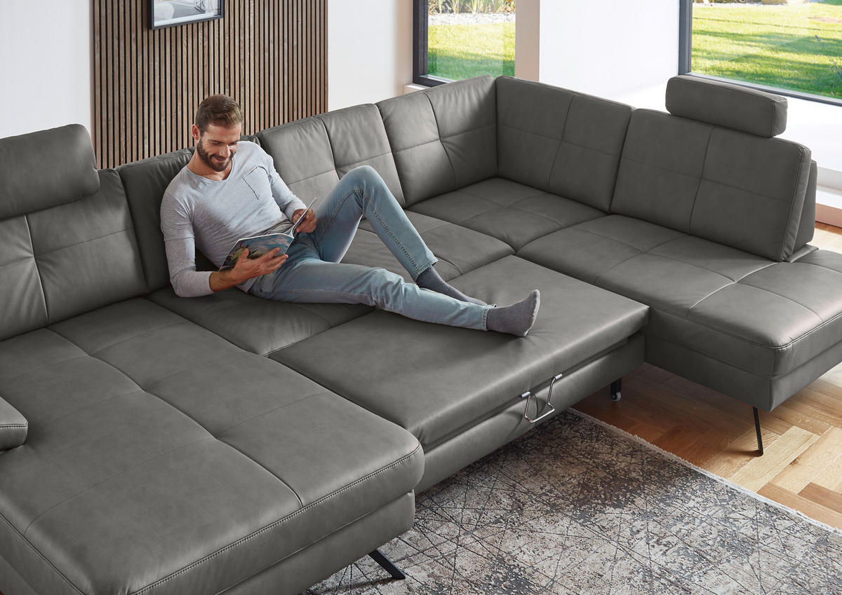 WOHNLANDSCHAFT in Lederlook, Mikrofaser Dunkelgrau  - Dunkelgrau/Schwarz, Design, Textil/Metall (220/343/179cm) - Beldomo System