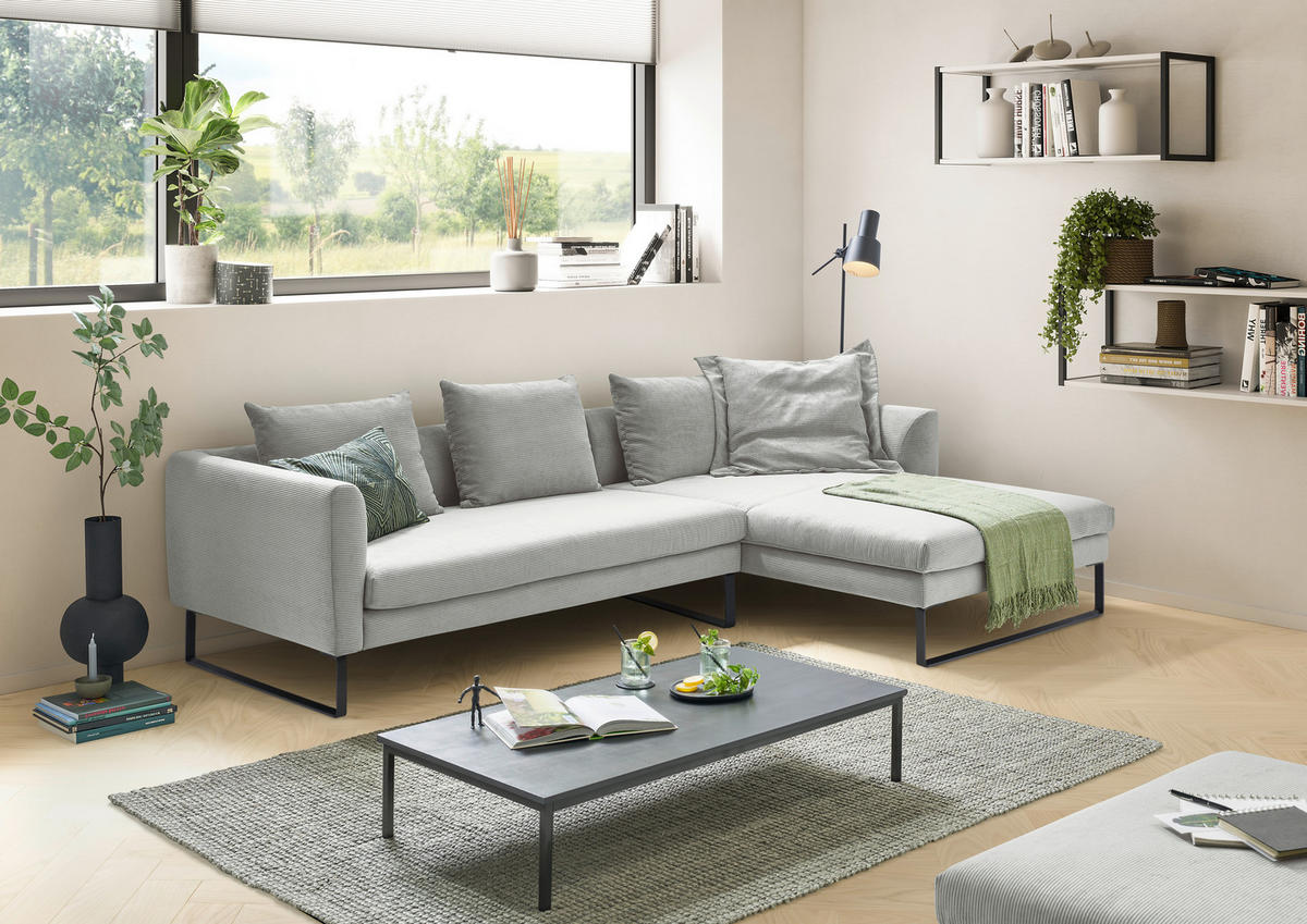 ECKSOFA in Feincord Hellgrau  284/178 cm  - Hellgrau/Schwarz, KONVENTIONELL, Textil/Metall (284/178cm) - Hom`in