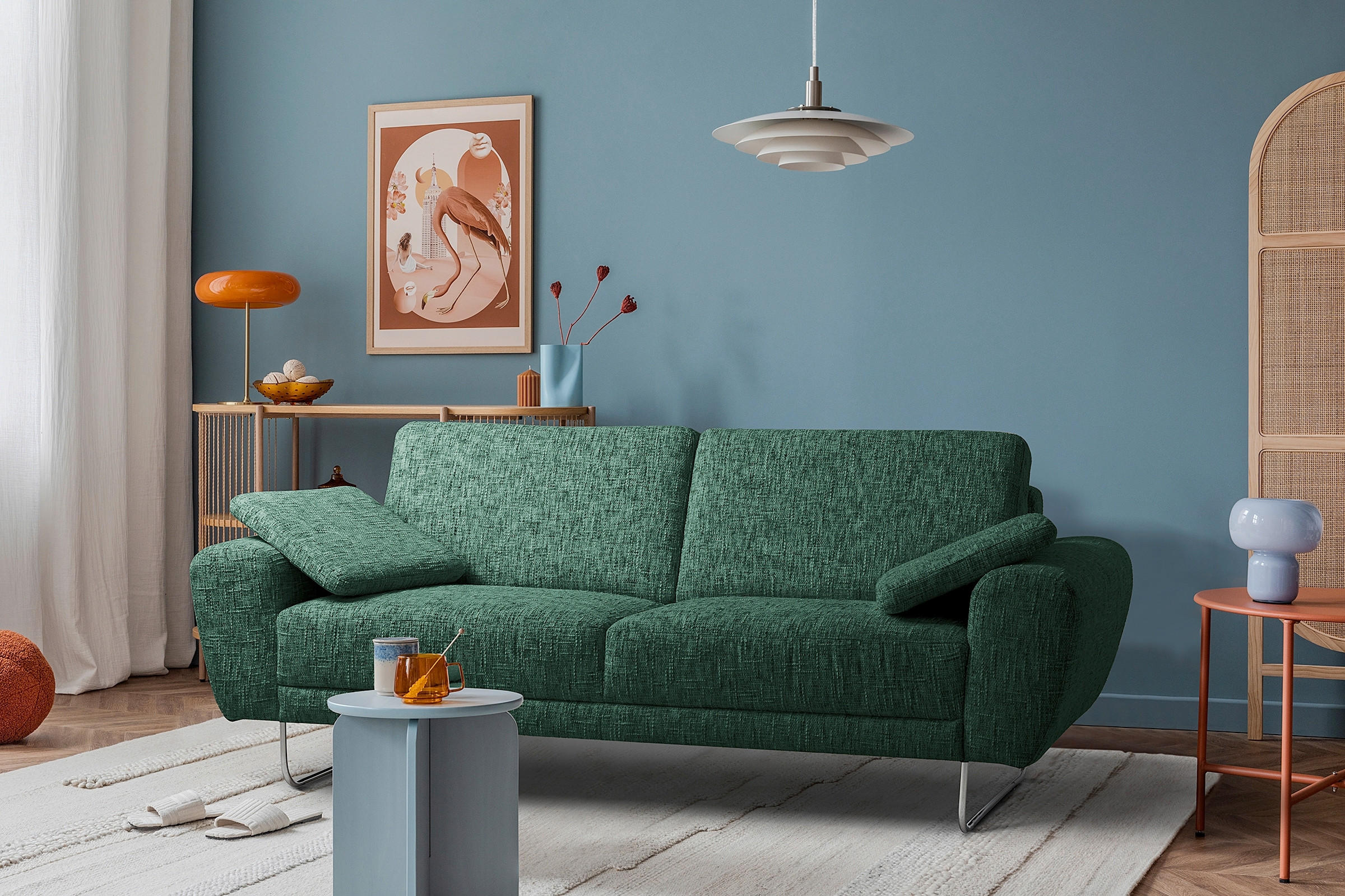 3-SITZER-SOFA Webstoff Grün  - Chromfarben/Grün, Design, Textil/Metall (187/85/92cm) - Livetastic
