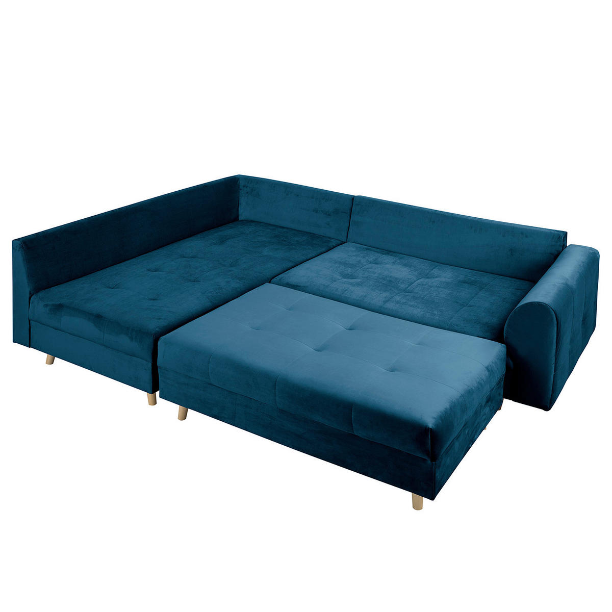 ECKSOFA inkl. Hocker Ariella Blau Samt Rückenkissen, Hocker  - Blau/Naturfarben, Design, Holz/Textil (161/231cm) - Livetastic