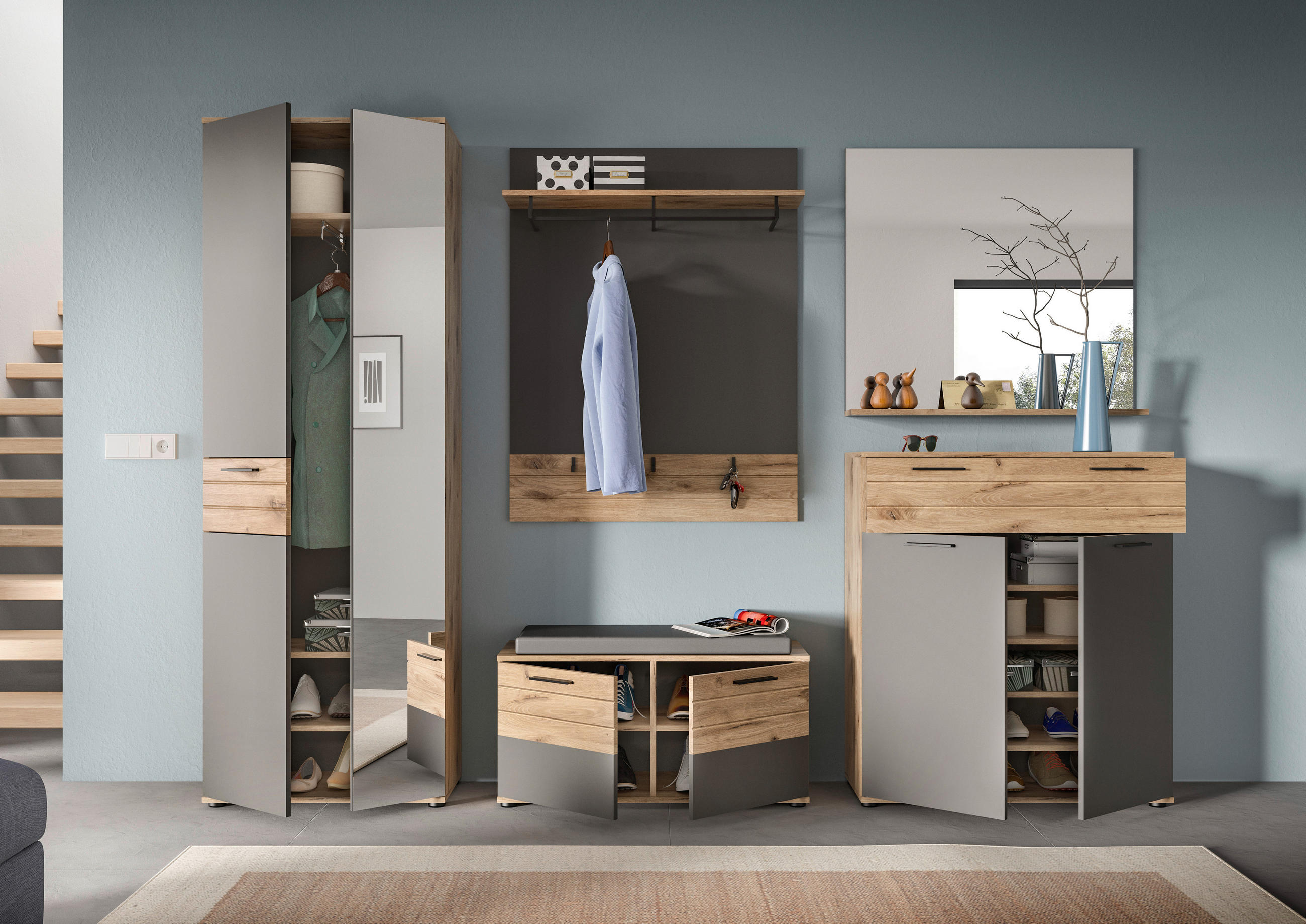 SCHUHSCHRANK Grau, Eichefarben  - Eichefarben/Schwarz, MODERN, Holzwerkstoff/Kunststoff (90/104/37cm) - MID.YOU