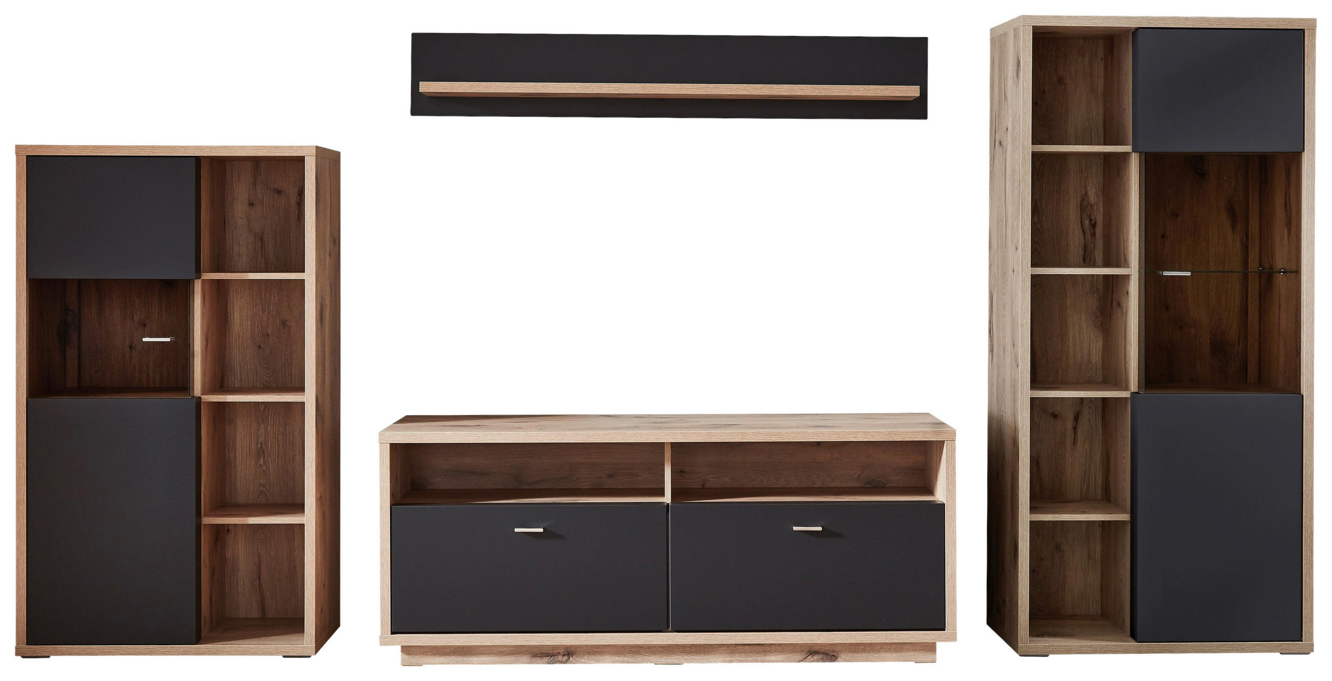 WOHNWAND Eichefarben, Dunkelgrau Einlegeböden - Eichefarben/Dunkelgrau, Design, Glas/Holzwerkstoff (335/173/50cm) - Stylife