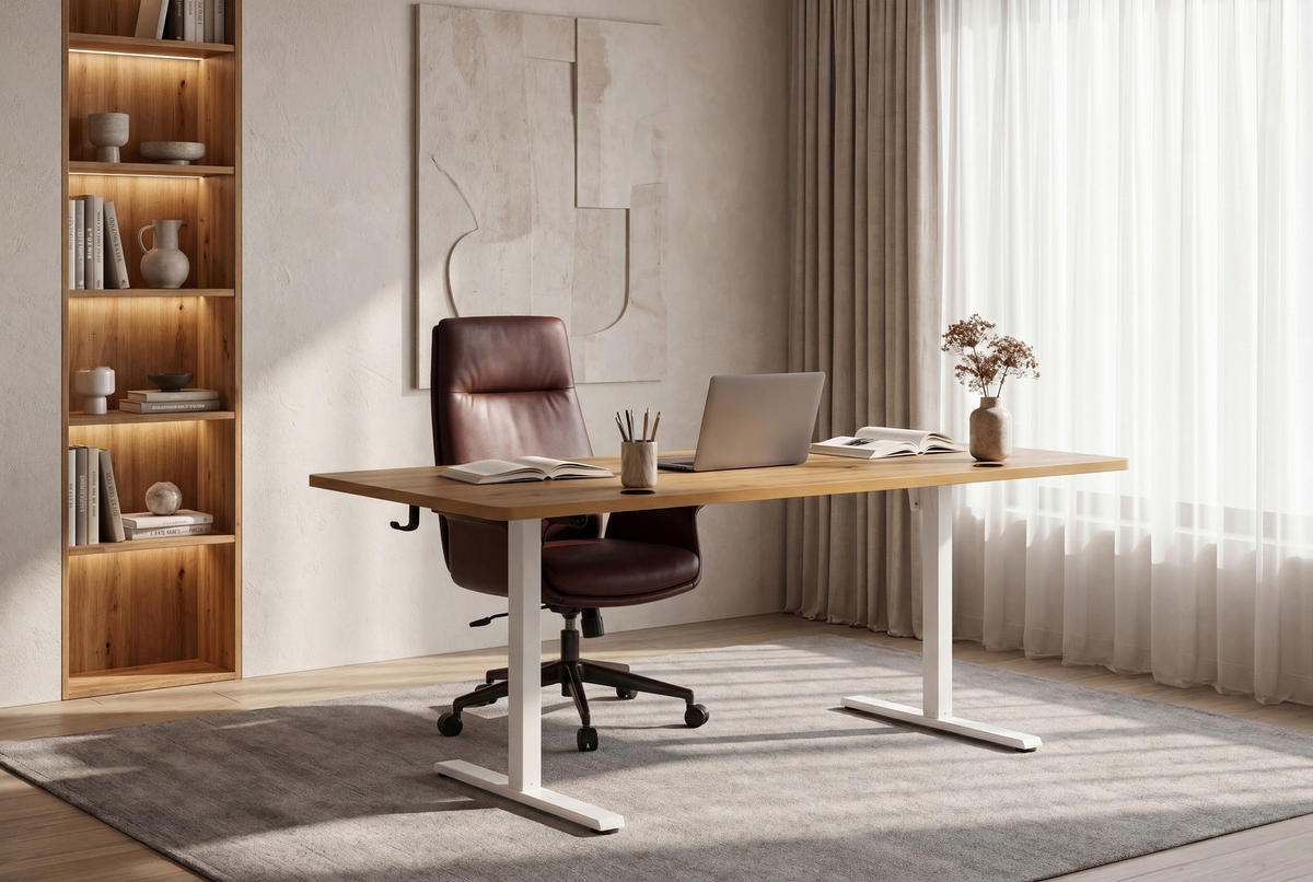SCHREIBTISCH 160/80/72/118 cm Weiss, Eichefarben höhenverstellbar elektrisch höhenverstellbar  - Weiss/Eichefarben, Modern, Holzwerkstoff/Metall (160/80/72/118cm) - Livetastic