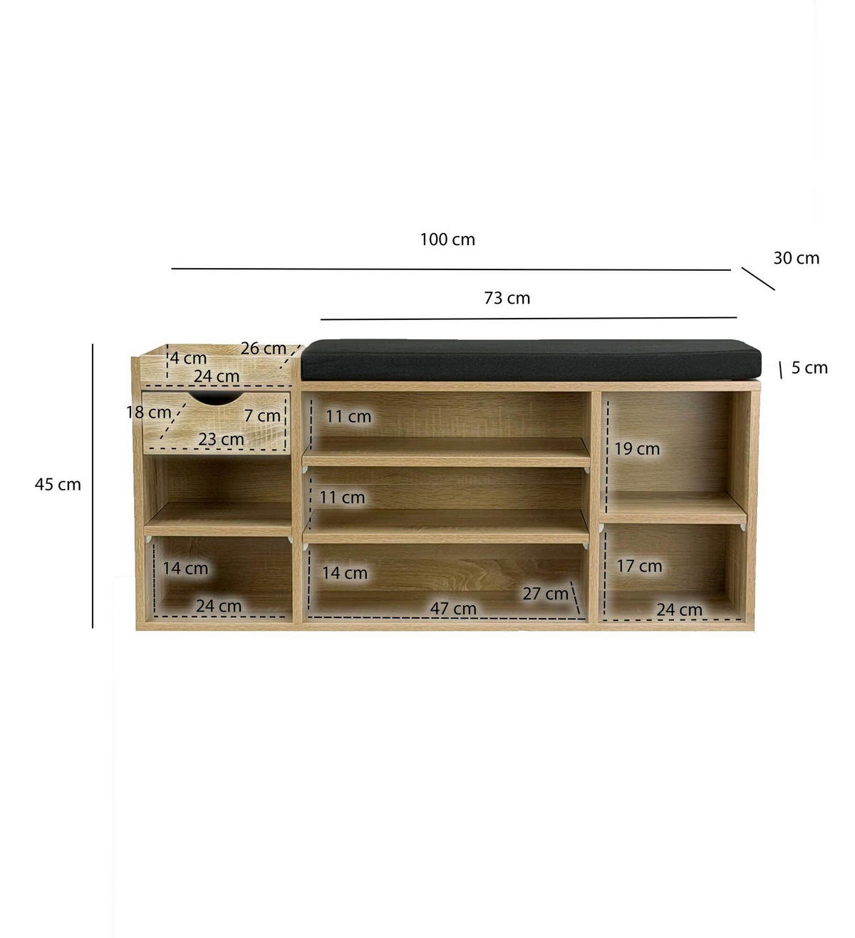 SCHUHBANK 100/45/30 cm  - Schwarz/Sonoma Eiche, Design, Holzwerkstoff/Textil (100/45/30cm) - Livetastic