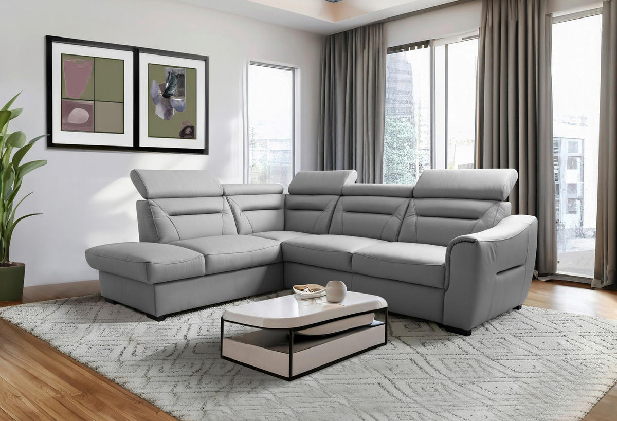 ECKSOFA  in Lederlook Echtleder Platinfarben  - Platinfarben/Wengefarben, Design, Leder/Holz (212/260cm) - Celina Home