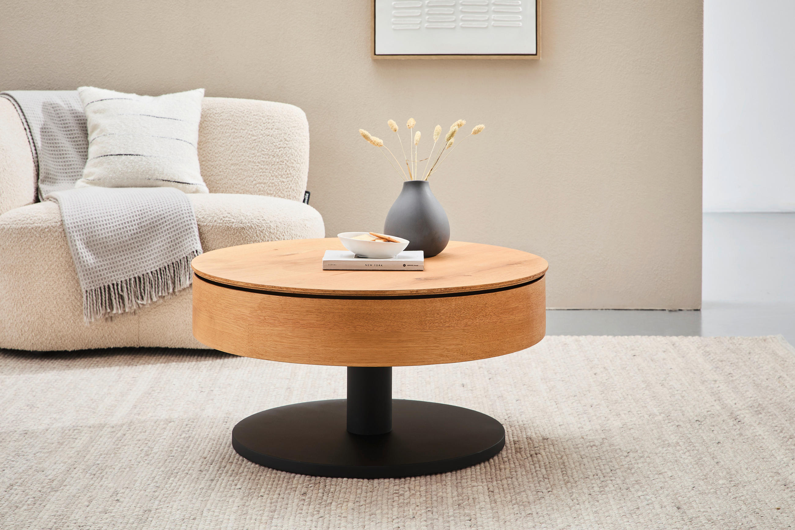 COUCHTISCH Eiche furniert, massiv 78/78/41 cm rund Schwarz, Eichefarben  - Eichefarben/Schwarz, Natur, Holz/Holzwerkstoff (78/78/41cm) - Waldwelt