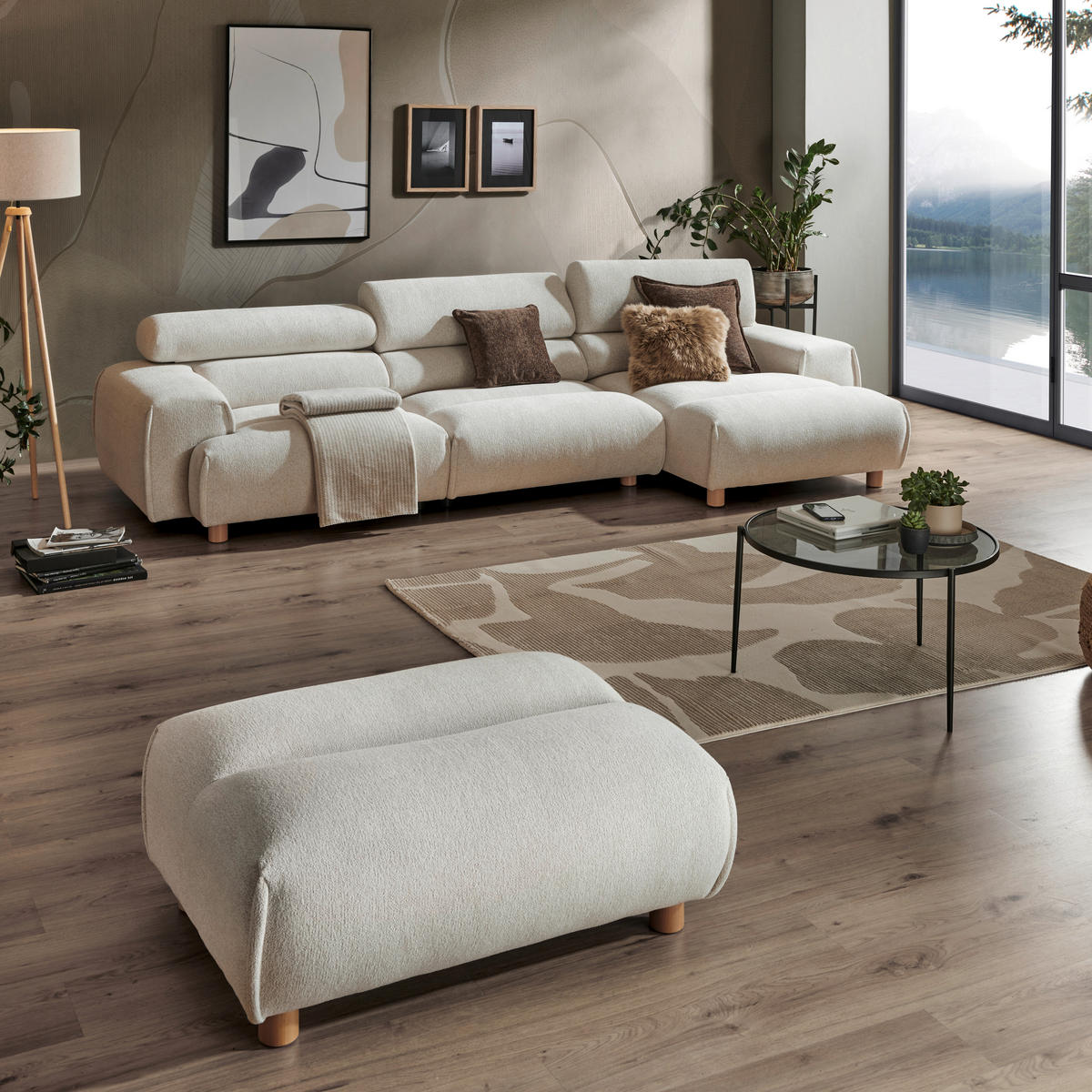 ECKSOFA in Velours Weiss  - Weiss, Natur, Holz/Textil (150/329cm) - Lomoco