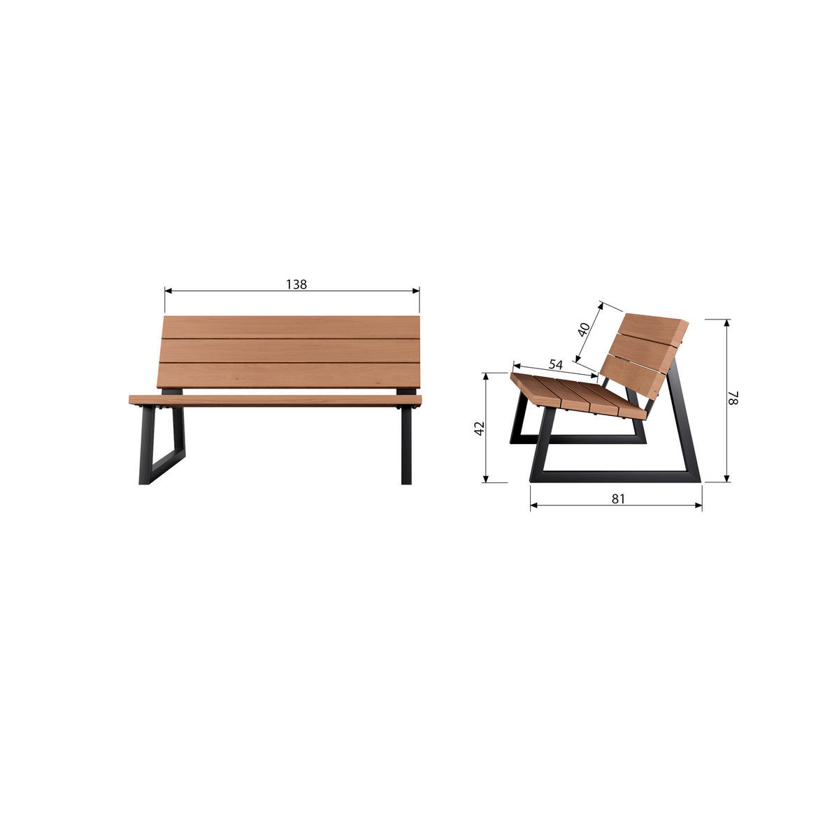 GARTENBANK 138/78/82 cm Abachi   - Schwarz/Naturfarben, MODERN, Holz/Metall (138/78/82cm) - Livetastic
