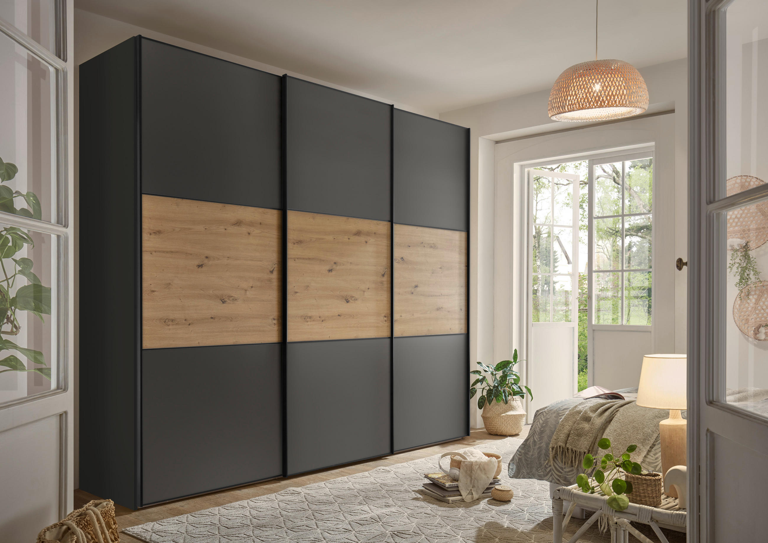 SCHWEBETÜRENSCHRANK in Anthrazit, Eiche Artisan  - Anthrazit/Schwarz, Holzwerkstoff/Metall (249/222/68cm) - Moderano