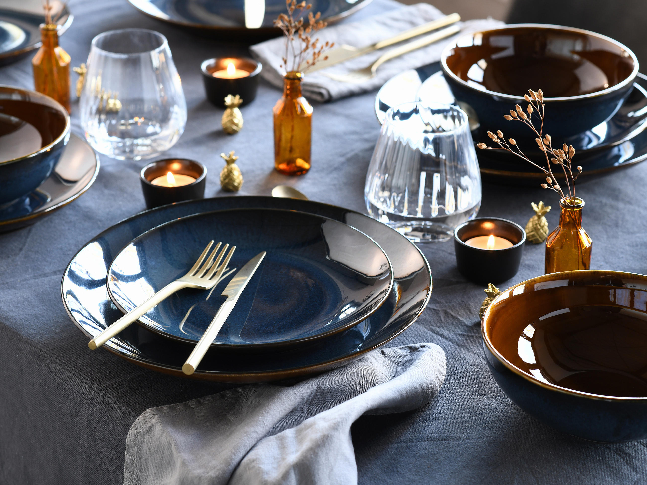 TAFELSERVICE Blau, Braun 12-teilig Mallorca  - Blau/Braun, Basics, Keramik - Creatable