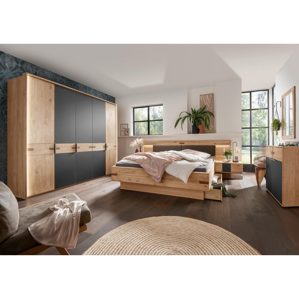Thumbnail - Linea Natura Bettanlage, Anthrazit, Braun, Eiche Bianco, Holz, Glas, Textil, Eiche, teilmassiv, 160x200 cm, in verschied...