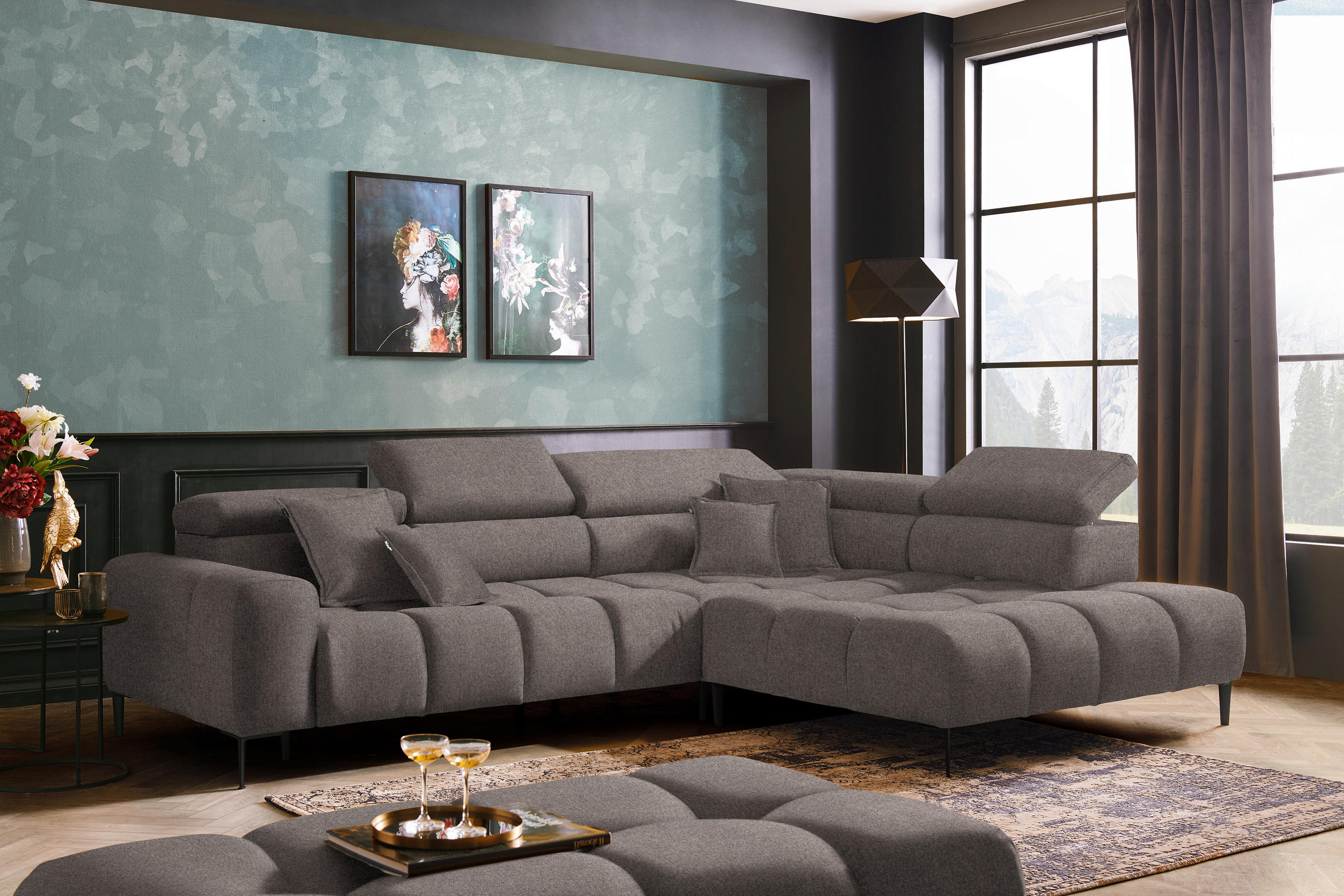 ECKSOFA in Webstoff Greige  - Currygelb/Greige, Design, Textil/Metall (300/216cm) - Welnova