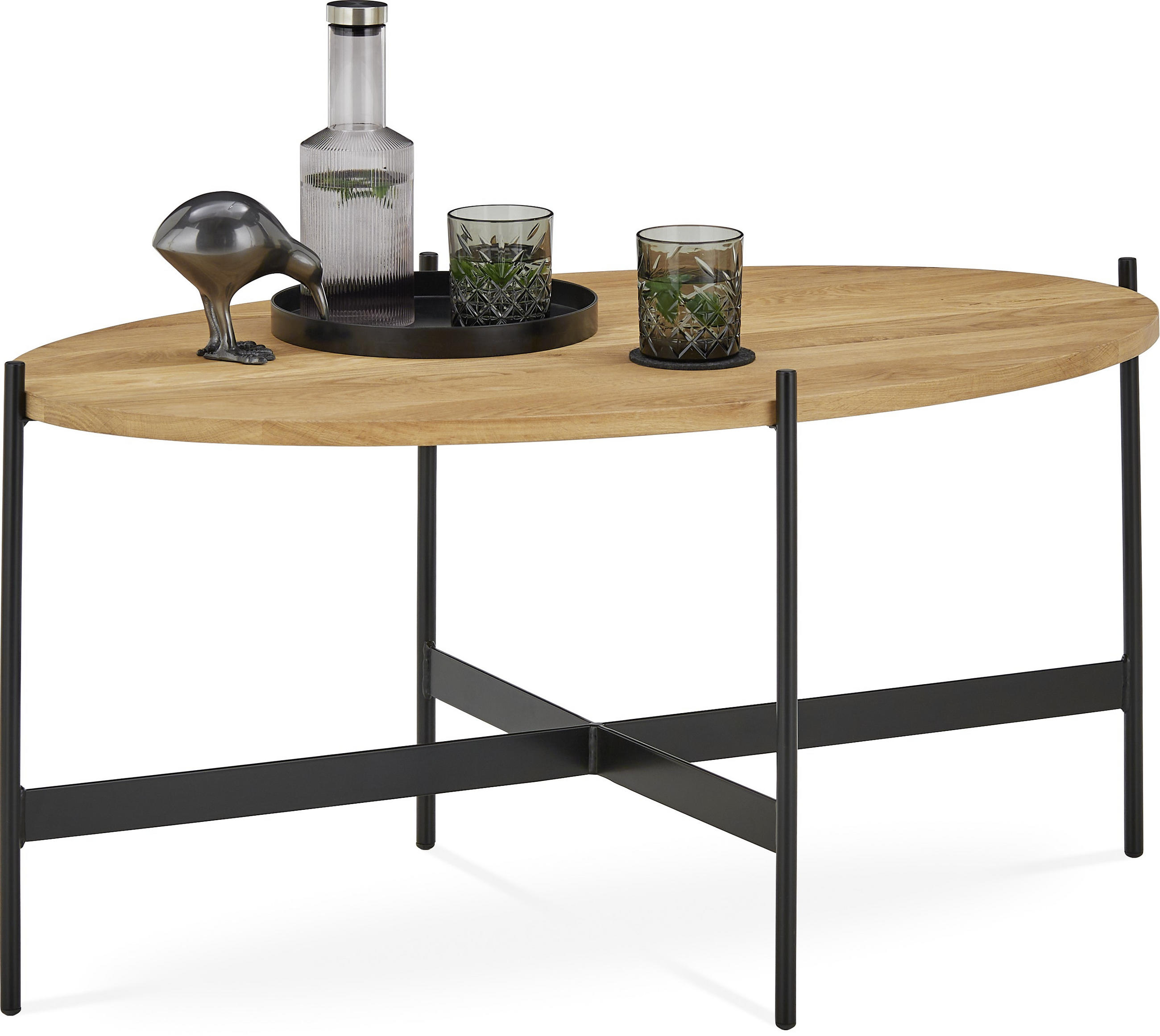COUCHTISCH Eiche massiv 100/60/49 cm oval Schwarz, Eichefarben  - Eichefarben/Schwarz, Natur, Holz/Metall (100/60/49cm) - SetOne by Musterring