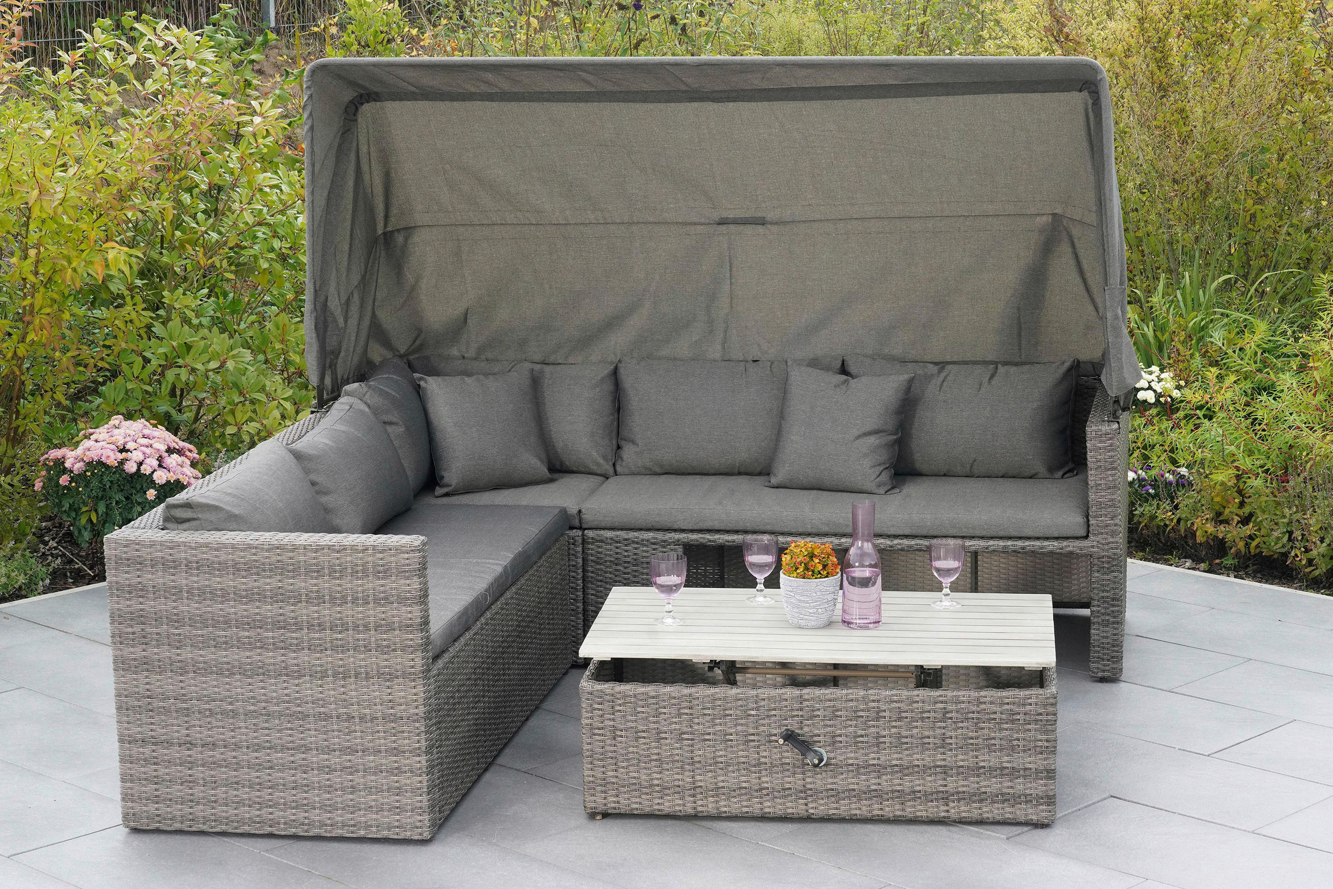 LOUNGEGARNITUR Akazie Stahl  - Hellgrau/Grau, KONVENTIONELL, Holz/Kunststoff (250/150/168cm) - Gardenson