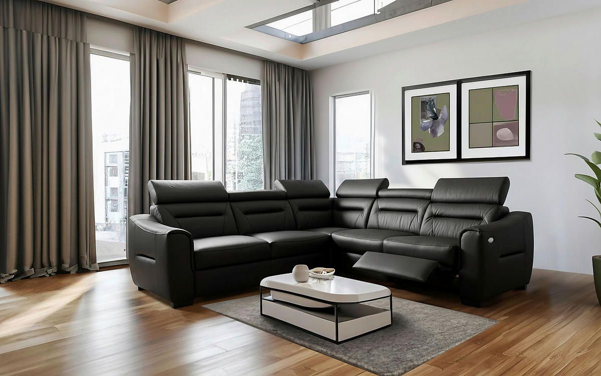 ECKSOFA Lederlook Echtleder Schwarz  - Wengefarben/Schwarz, Design, Leder/Holz (260/260cm) - Celina Home